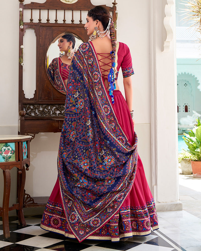 Festive Pink Tussar Silk Full Stitched Lehenga Choli for Garba and Navratri - ETHNICDEAL