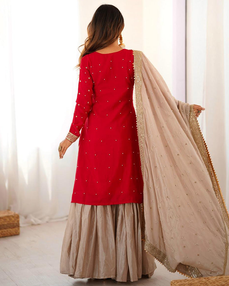 Red Color Chinon Silk Embroidered Sharara Suit - ETHNICDEAL
