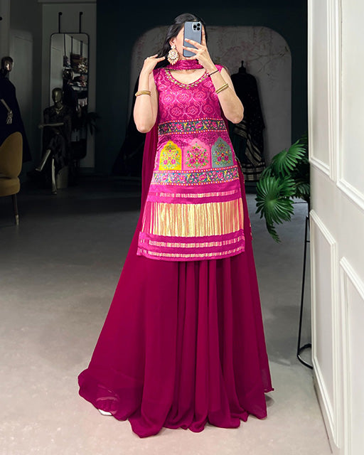 Pink Color Gaji Silk Three Piece Plazo Suit - ETHNICDEAL