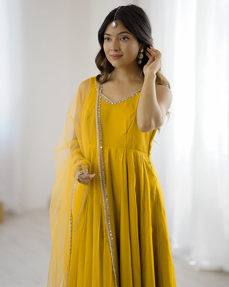 Yellow Color Chanderi Pure Roman Silk Anarkali Suit - ETHNICDEAL