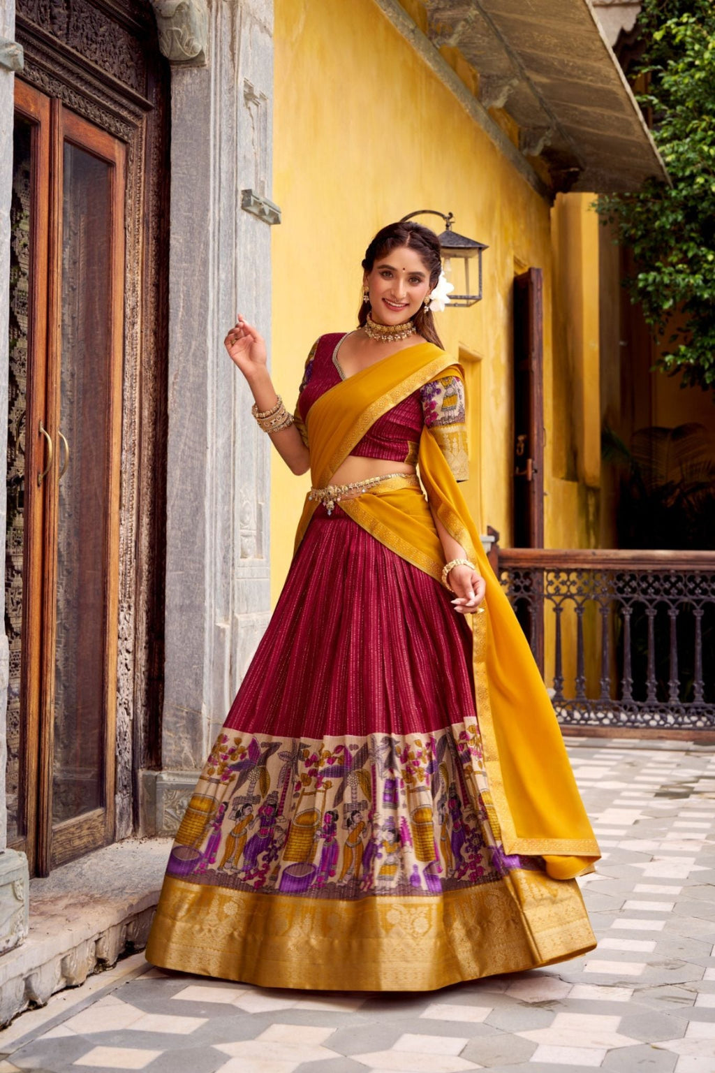 Poly Chanderi Kalamkari Printed Zari Weaving Work Premium Lehenga Choli - ETHNICDEAL