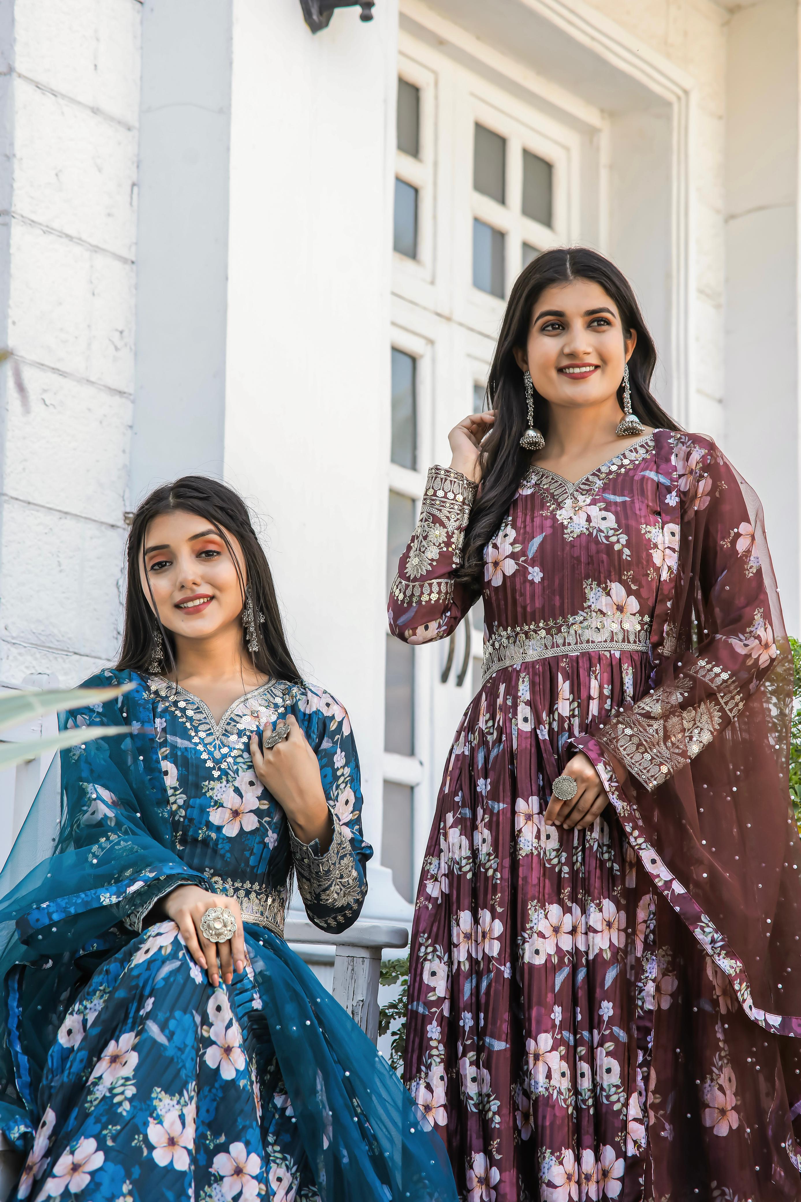 Lovely Floral Digital Printed Sequins Embroidered Crush Chinon Silk Suit - Ethnicwish