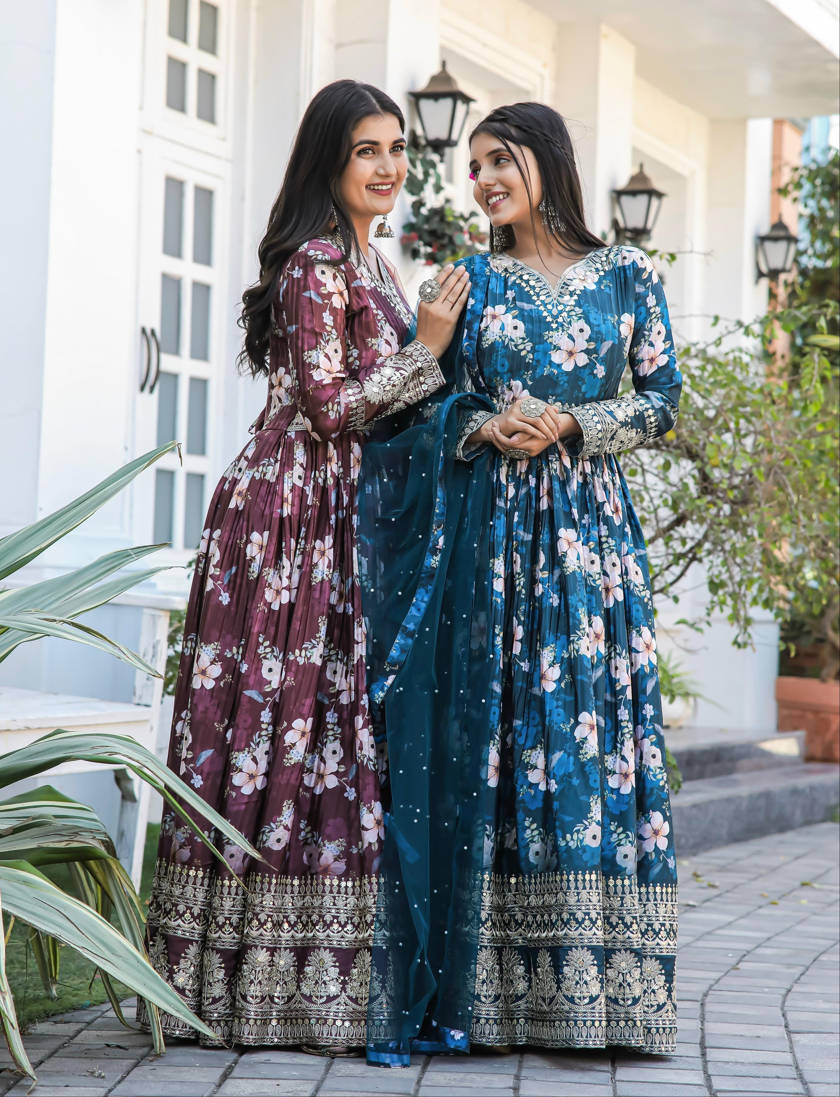 Lovely Floral Digital Printed Sequins Embroidered Crush Chinon Silk Suit - Ethnicwish