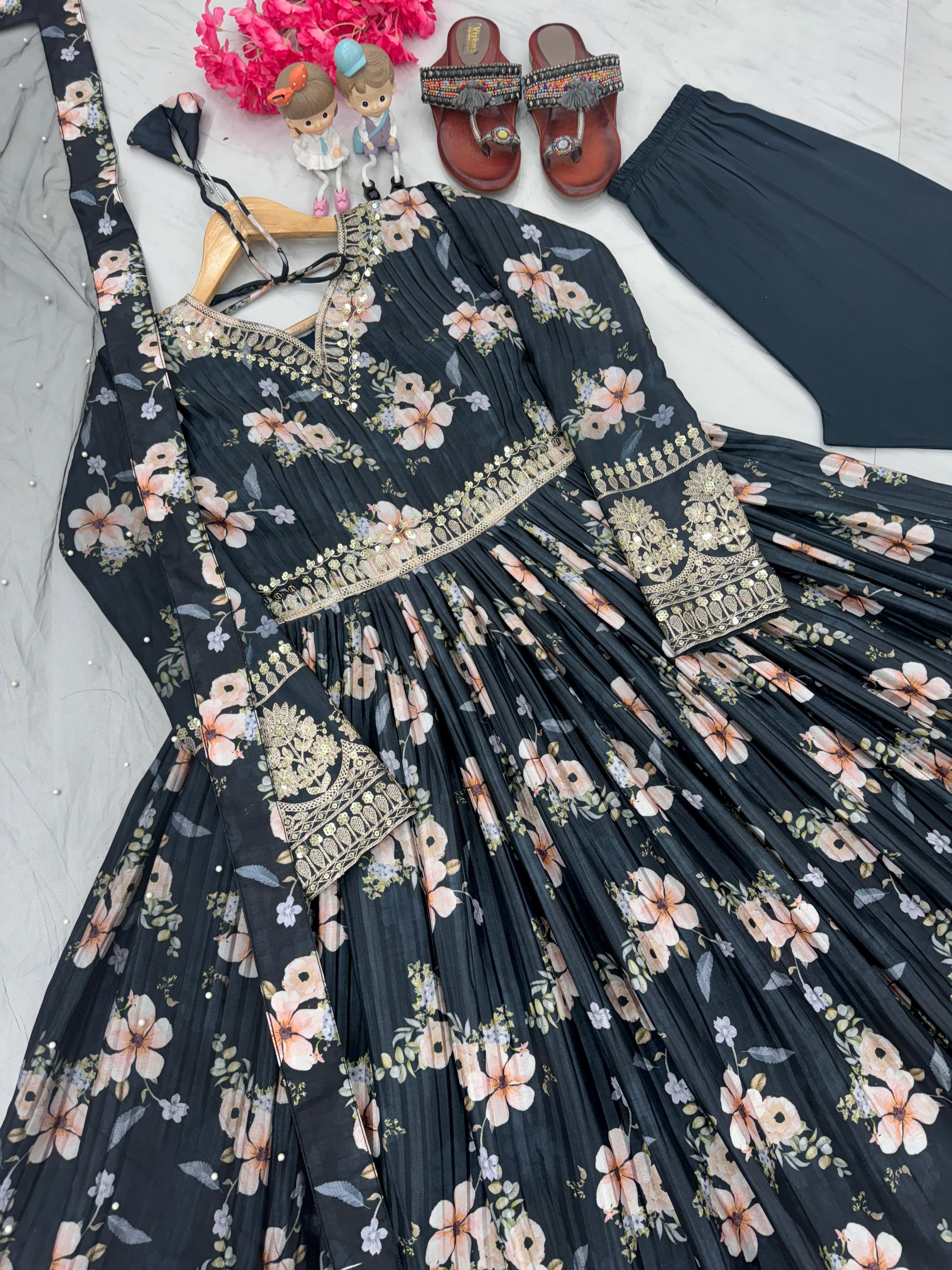 Lovely Floral Digital Printed Sequins Embroidered Crush Chinon Silk Suit - Ethnicwish