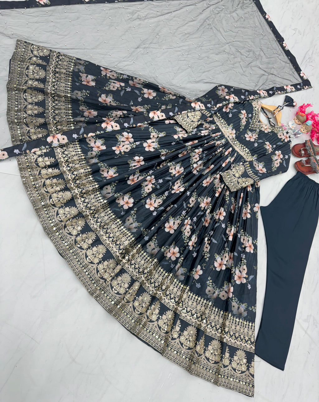 Lovely Floral Digital Printed Sequins Embroidered Crush Chinon Silk Suit - Ethnicwish