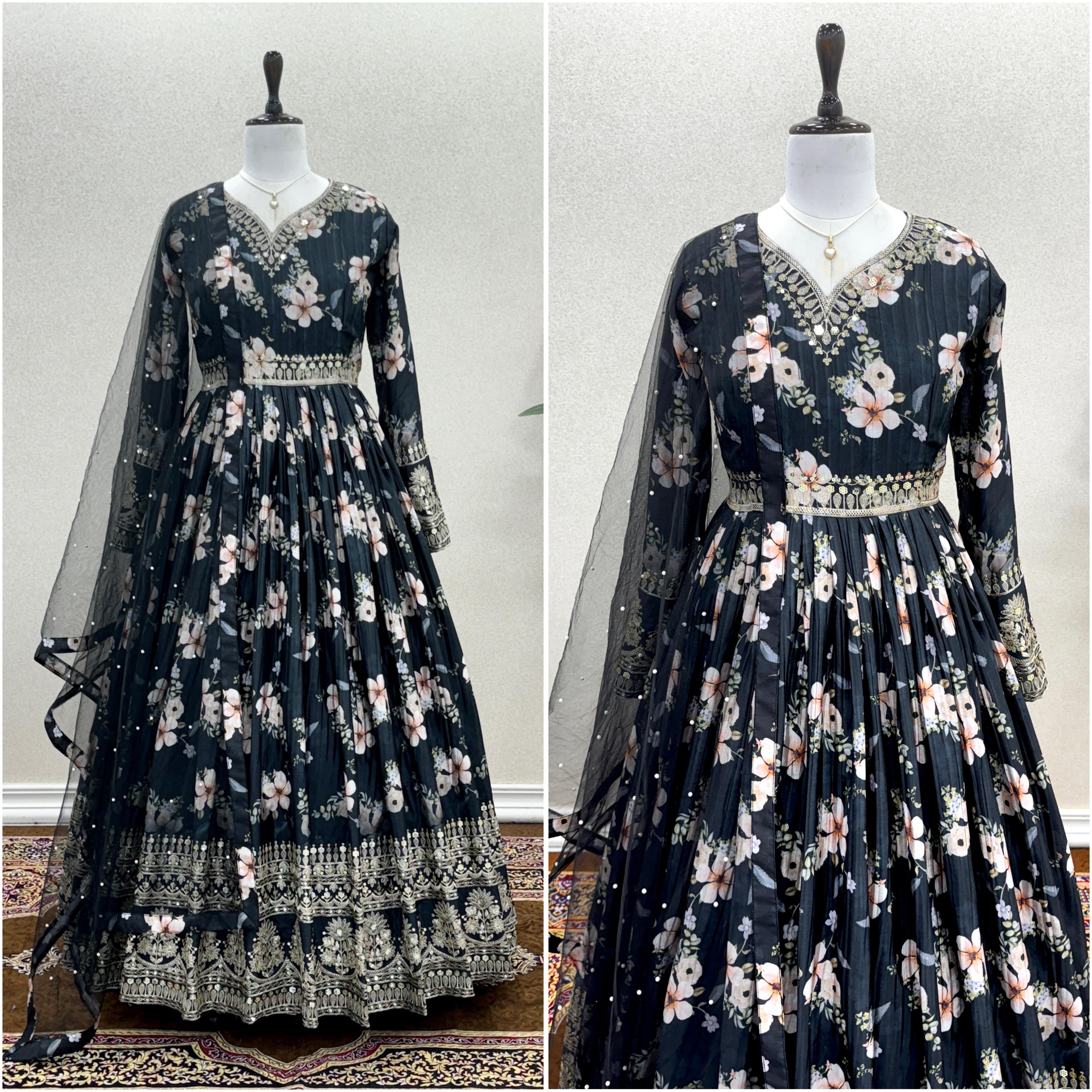 Lovely Floral Digital Printed Sequins Embroidered Crush Chinon Silk Suit - Ethnicwish