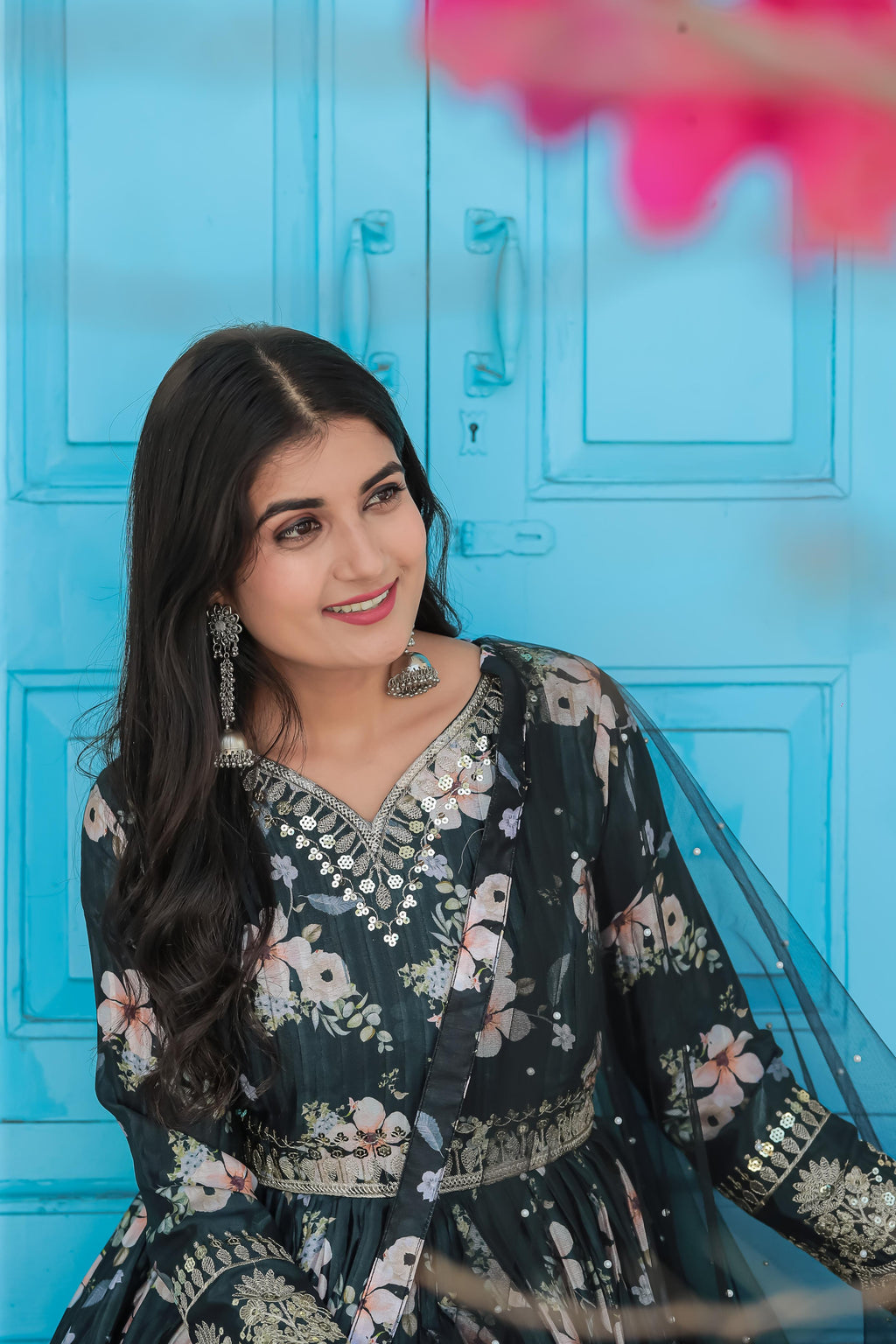 Lovely Floral Digital Printed Sequins Embroidered Crush Chinon Silk Suit - Ethnicwish