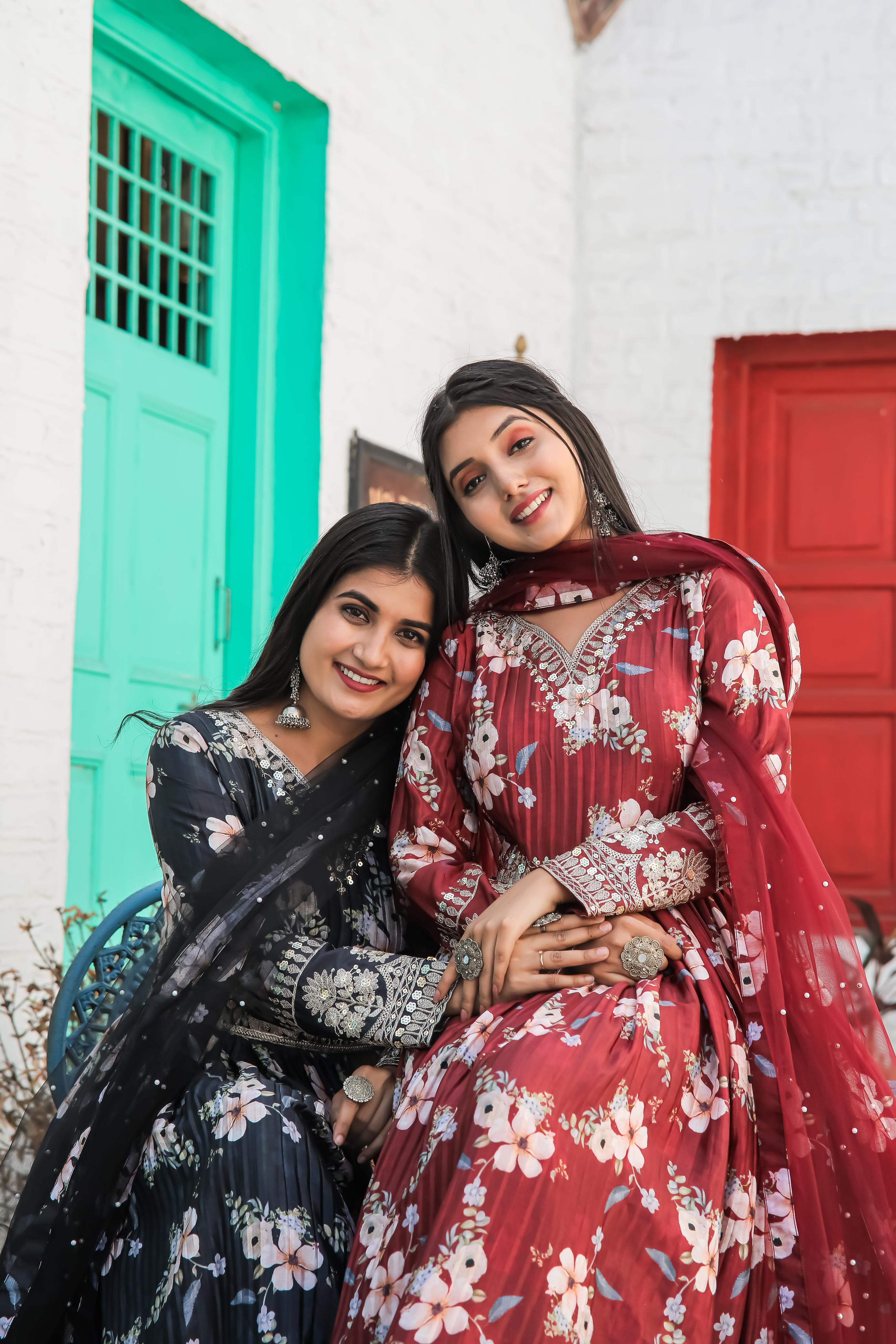 Lovely Floral Digital Printed Sequins Embroidered Crush Chinon Silk Suit - Ethnicwish