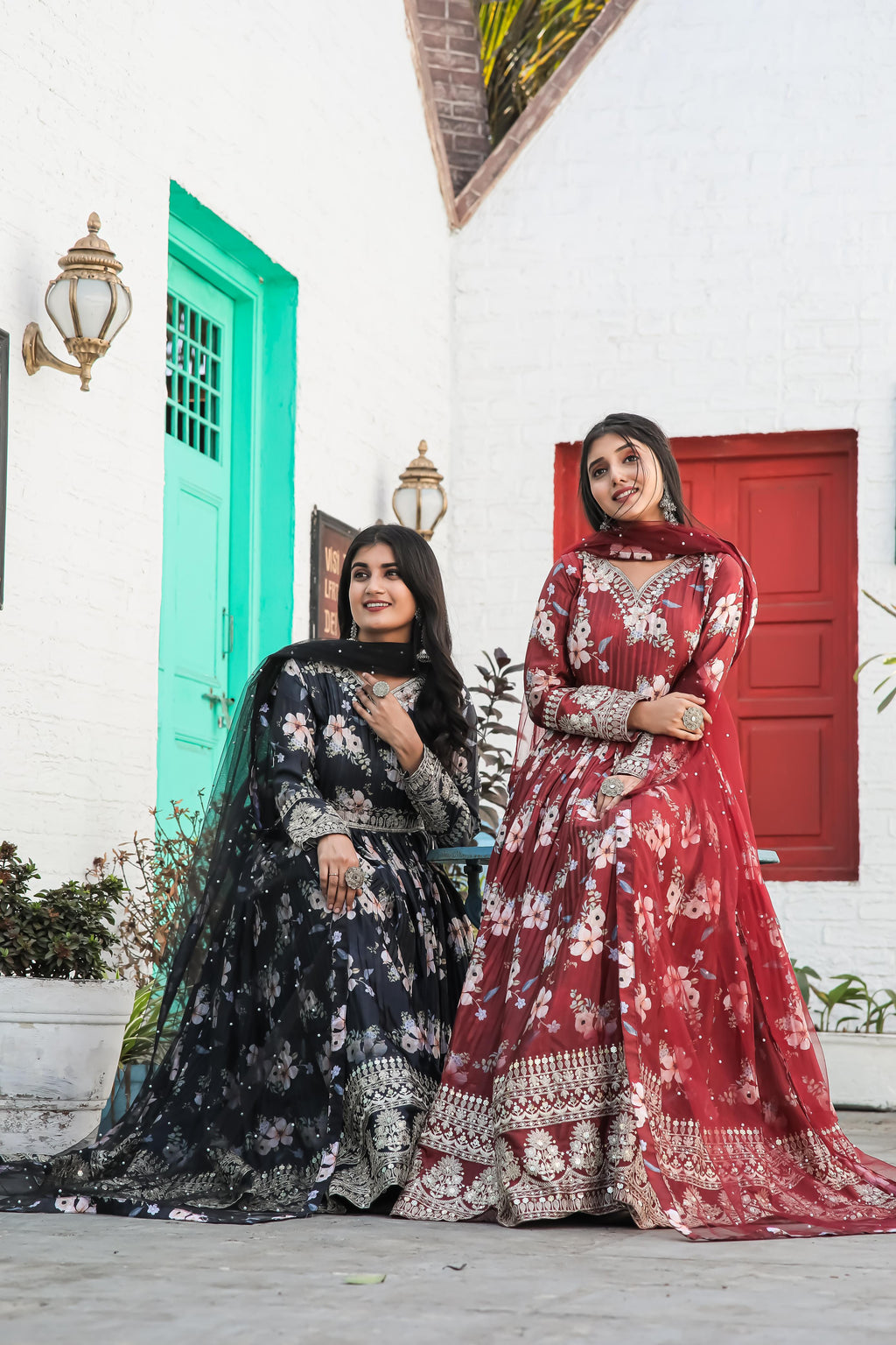 Lovely Floral Digital Printed Sequins Embroidered Crush Chinon Silk Suit - Ethnicwish