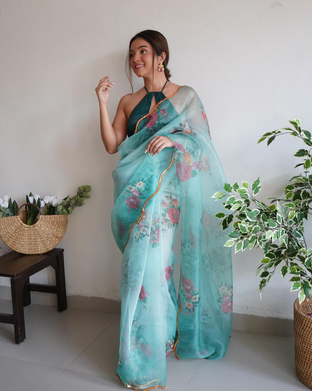 Spellbinding Sea Green Pure Organza Floral Handprinted Gota Worked Saree - Ethnicwish