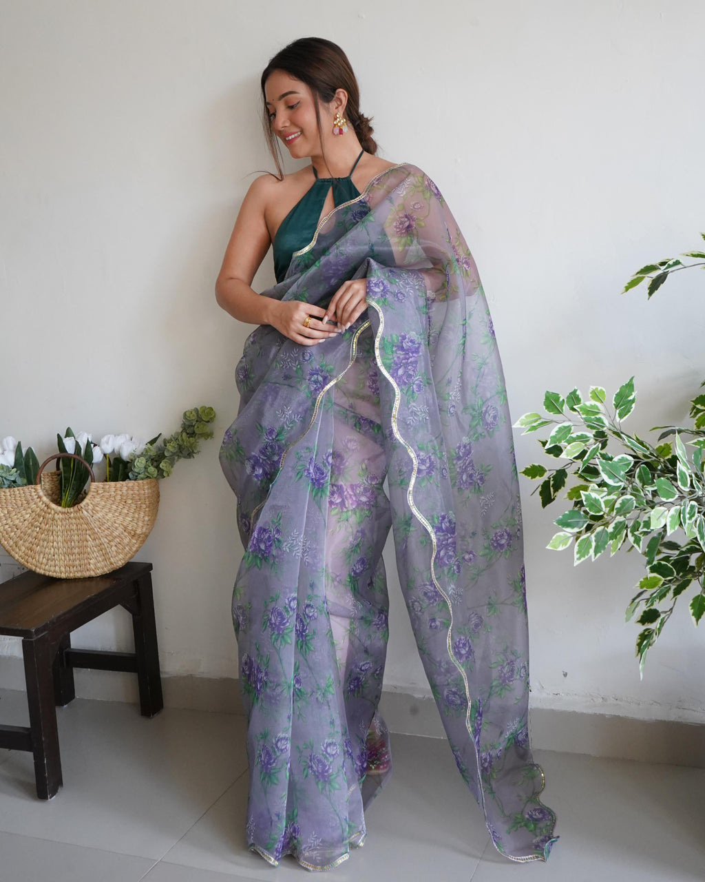 Lovely Gray Pure Organza Floral Handprinted Gota Worked Saree - Ethnicwish