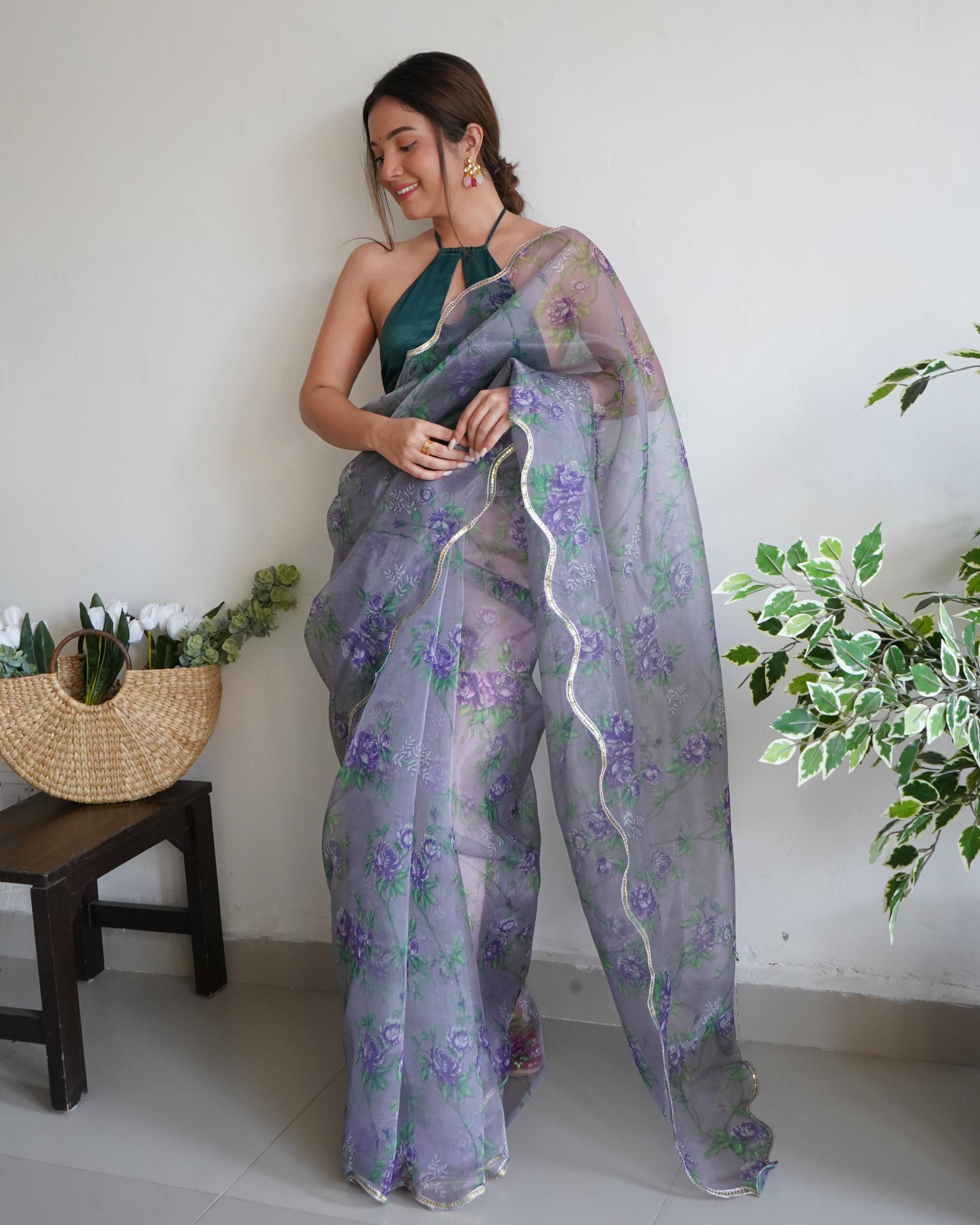 Lovely Gray Pure Organza Floral Handprinted Gota Worked Saree - Ethnicwish