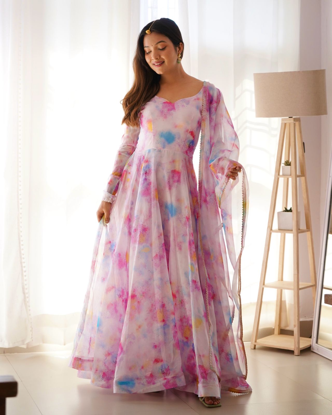 Stylish Pink Organza Silk Floral Digital Printed Gown With Dupatta - Ethnicwish