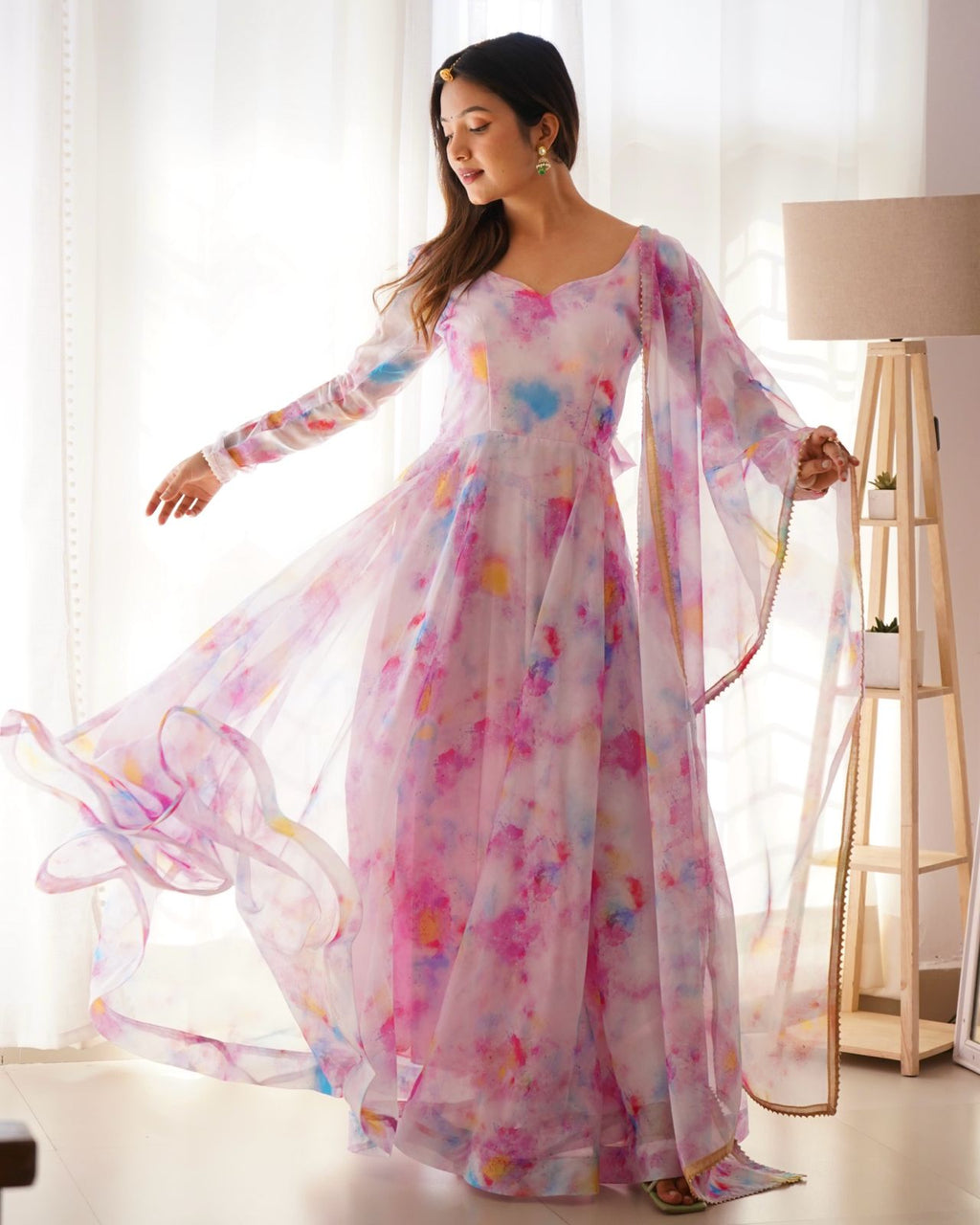 Stylish Pink Organza Silk Floral Digital Printed Gown With Dupatta - Ethnicwish