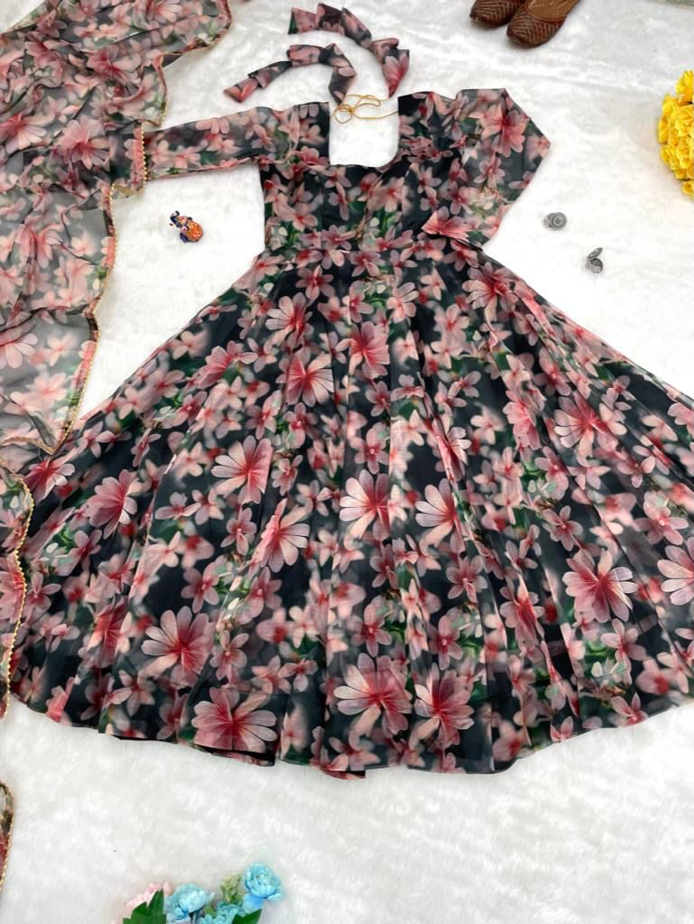 Magnificent Black Organza Silk Floral Digital Printed Gown With Dupatta - Ethnicwish