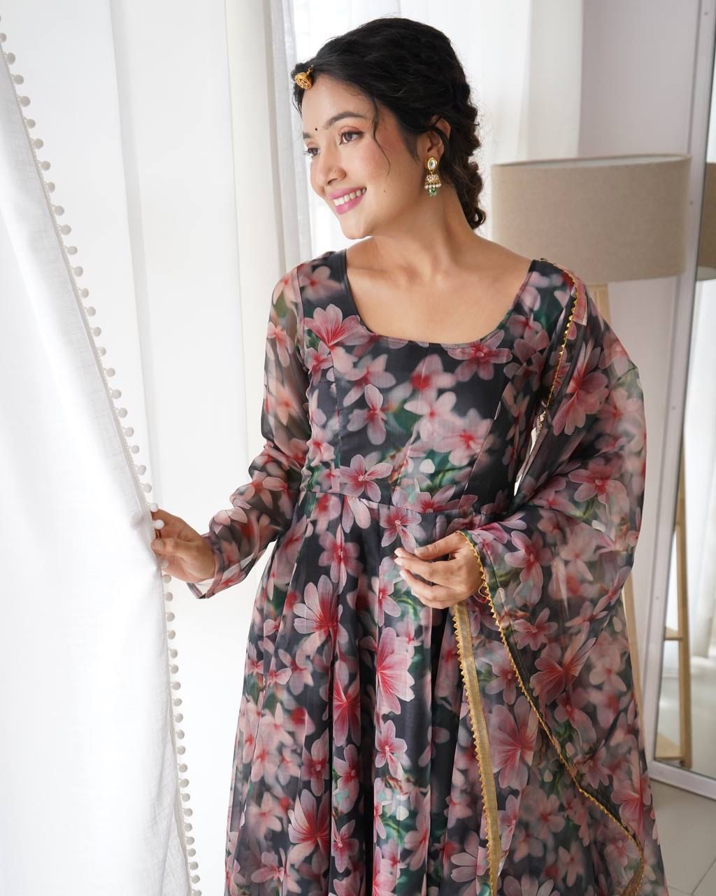 Magnificent Black Organza Silk Floral Digital Printed Gown With Dupatta - Ethnicwish