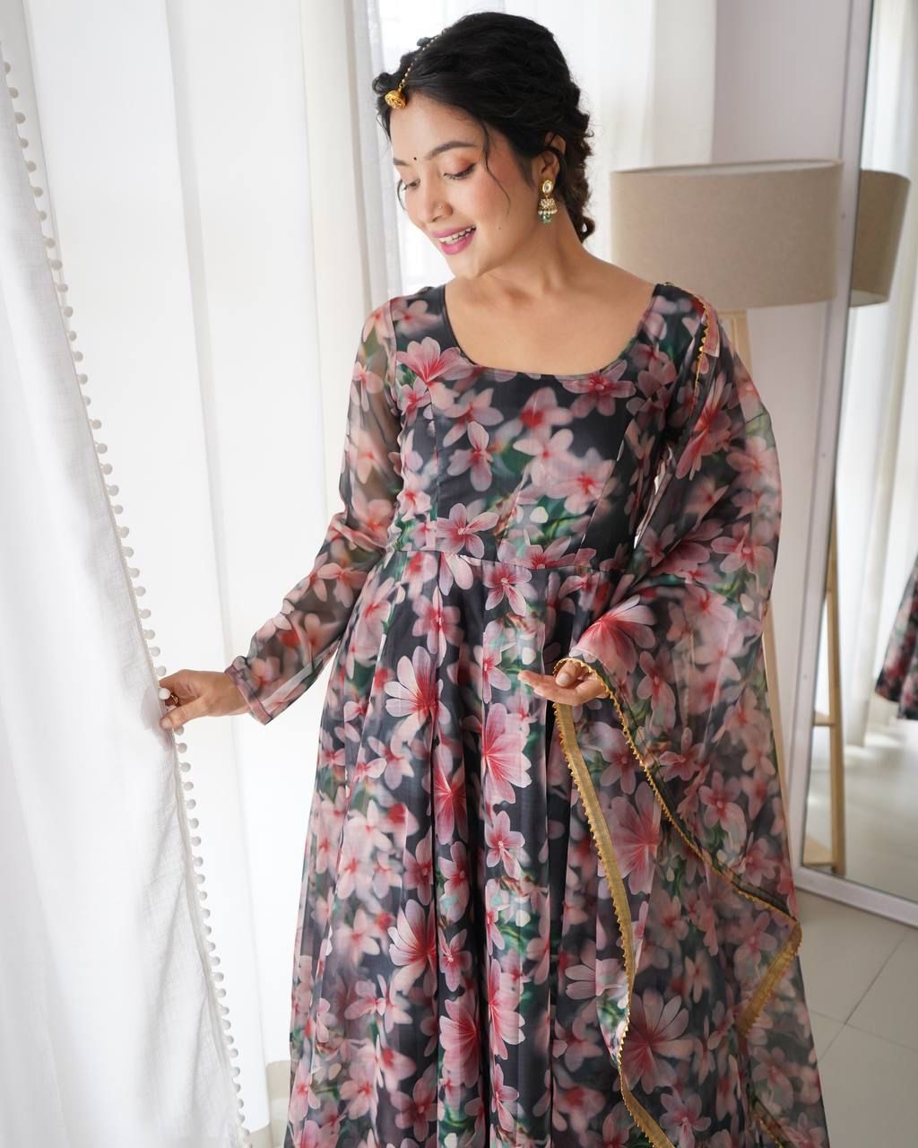 Magnificent Black Organza Silk Floral Digital Printed Gown With Dupatta - Ethnicwish