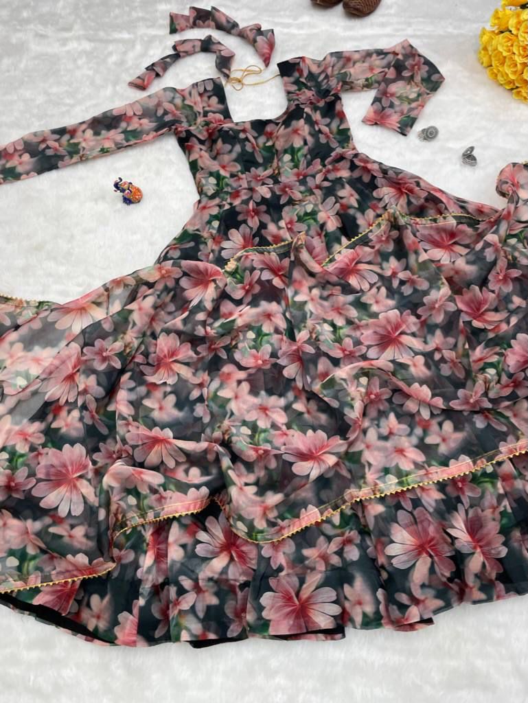 Magnificent Black Organza Silk Floral Digital Printed Gown With Dupatta - Ethnicwish