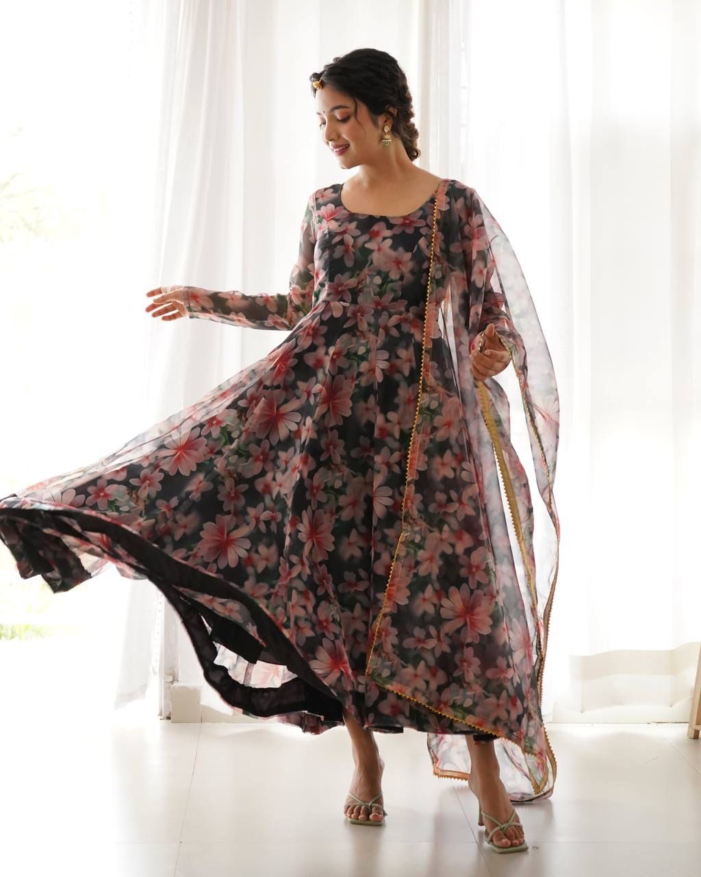 Magnificent Black Organza Silk Floral Digital Printed Gown With Dupatta - Ethnicwish