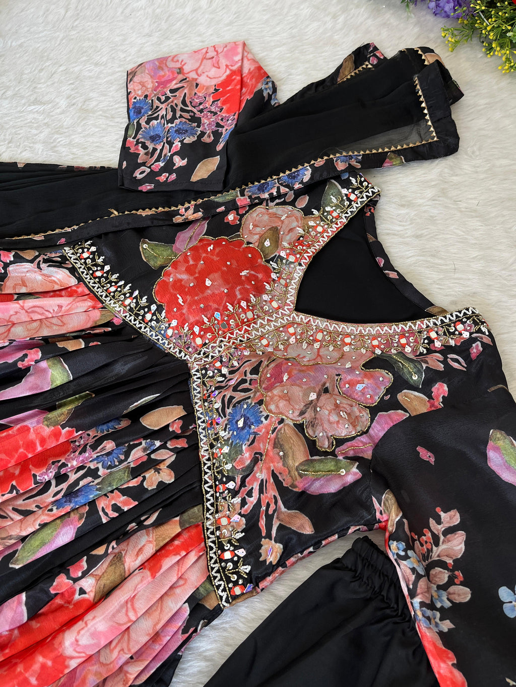 Stylish Black Soft Chinon Floral Printed Handworked Suit - Ethnicwish