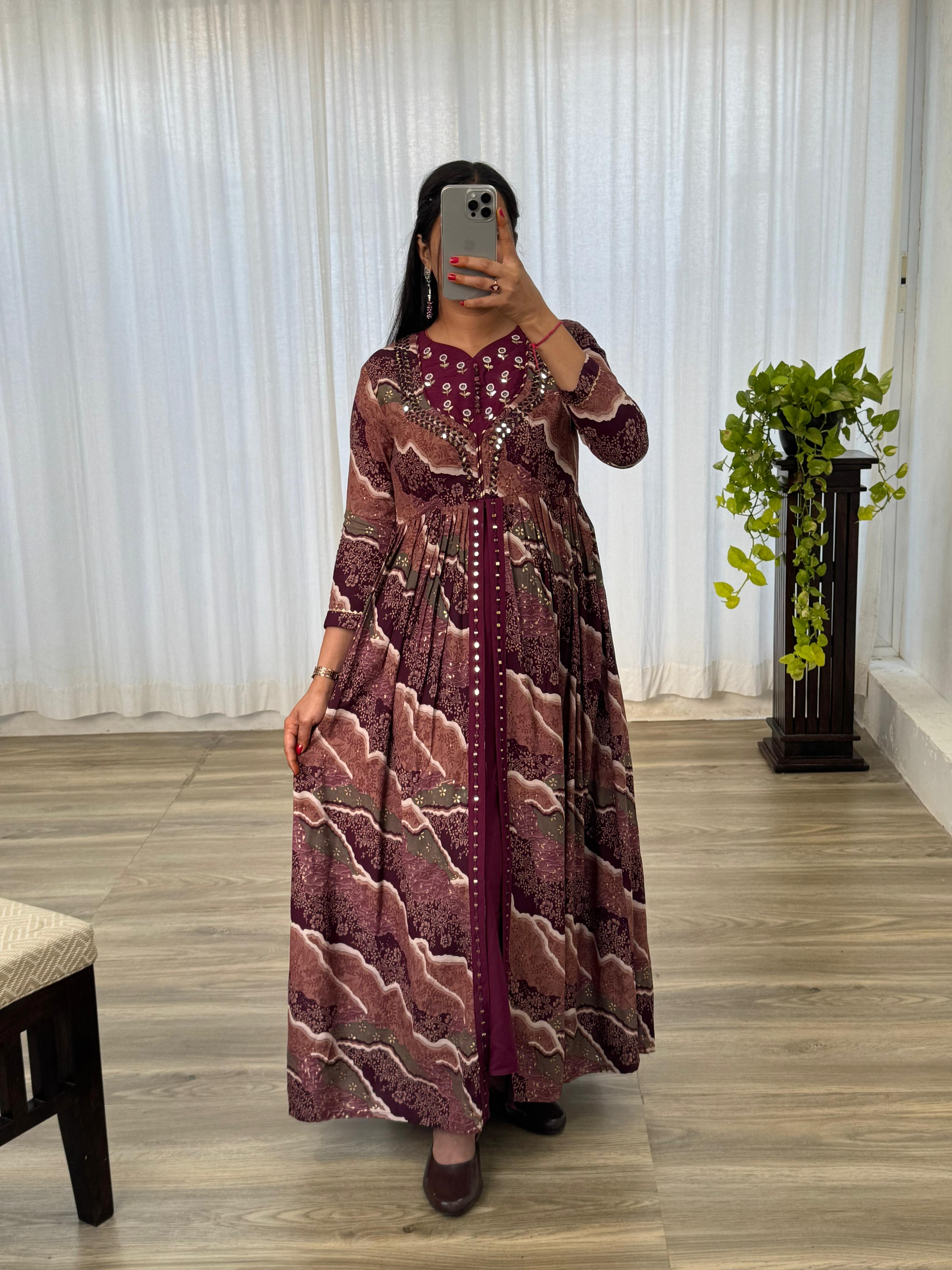 Ravishing Wine Rayon Foil Worked Hand Embroidered Gown - Ethnicwish