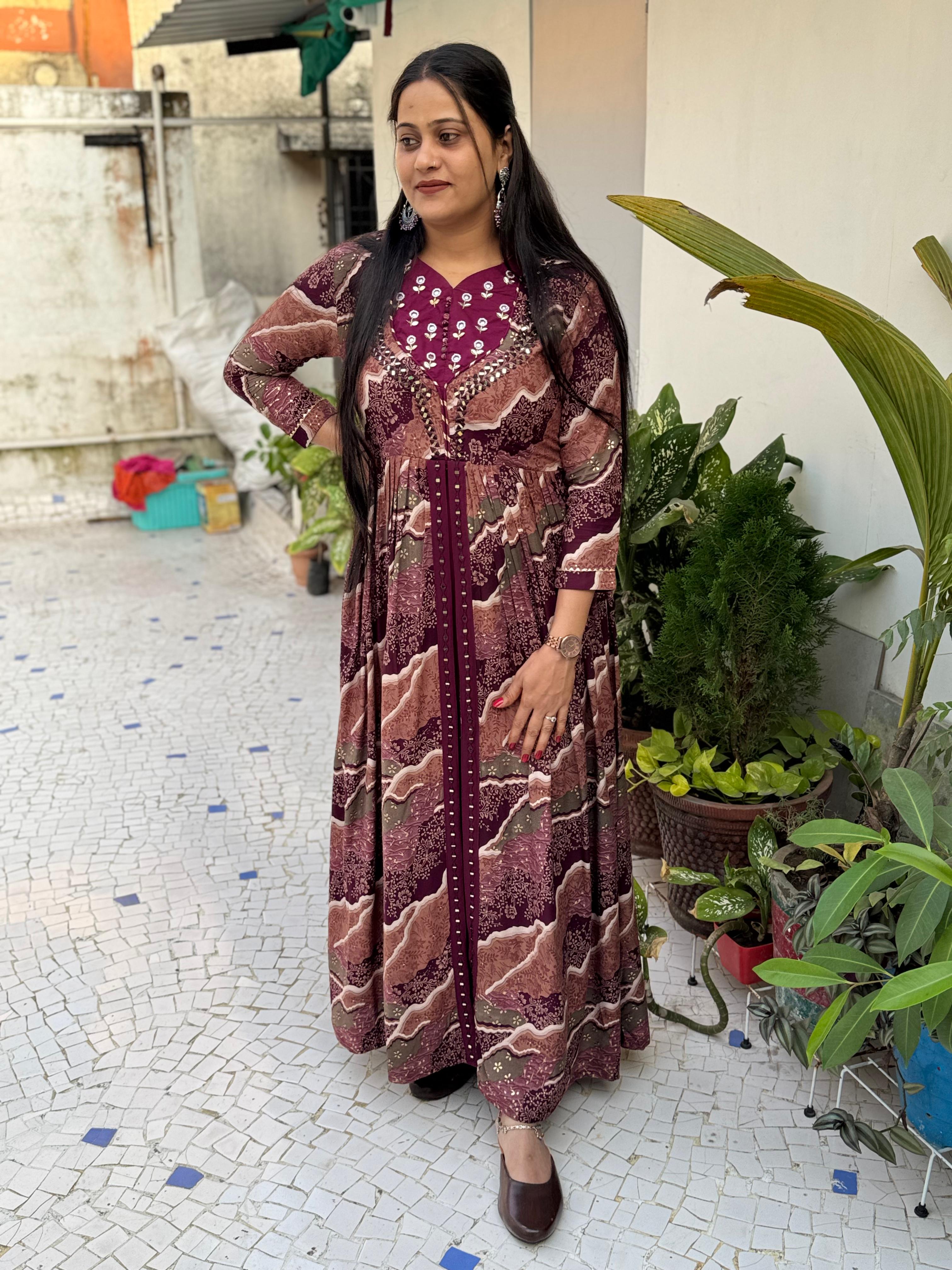 Ravishing Wine Rayon Foil Worked Hand Embroidered Gown - Ethnicwish