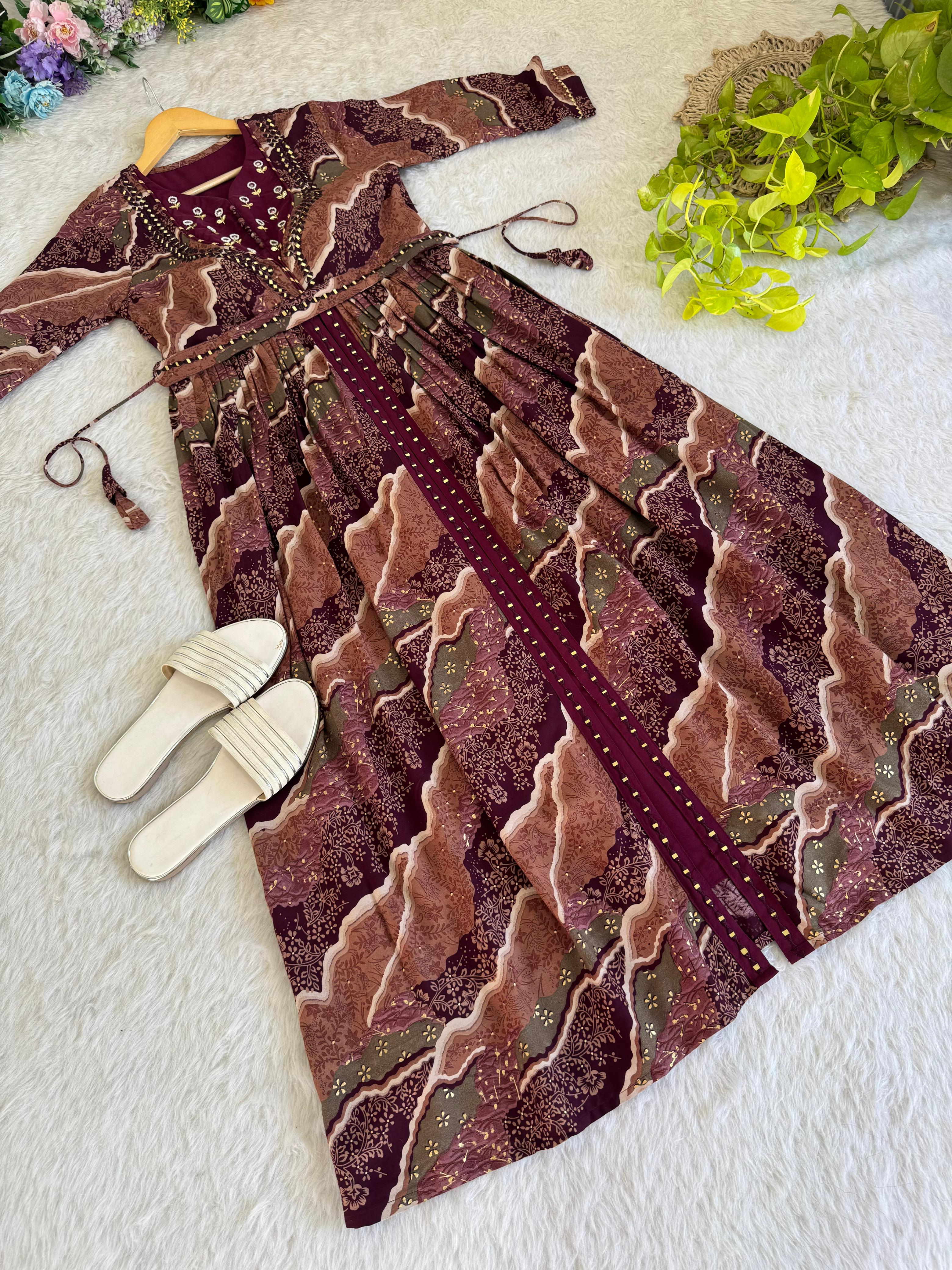 Ravishing Wine Rayon Foil Worked Hand Embroidered Gown - Ethnicwish