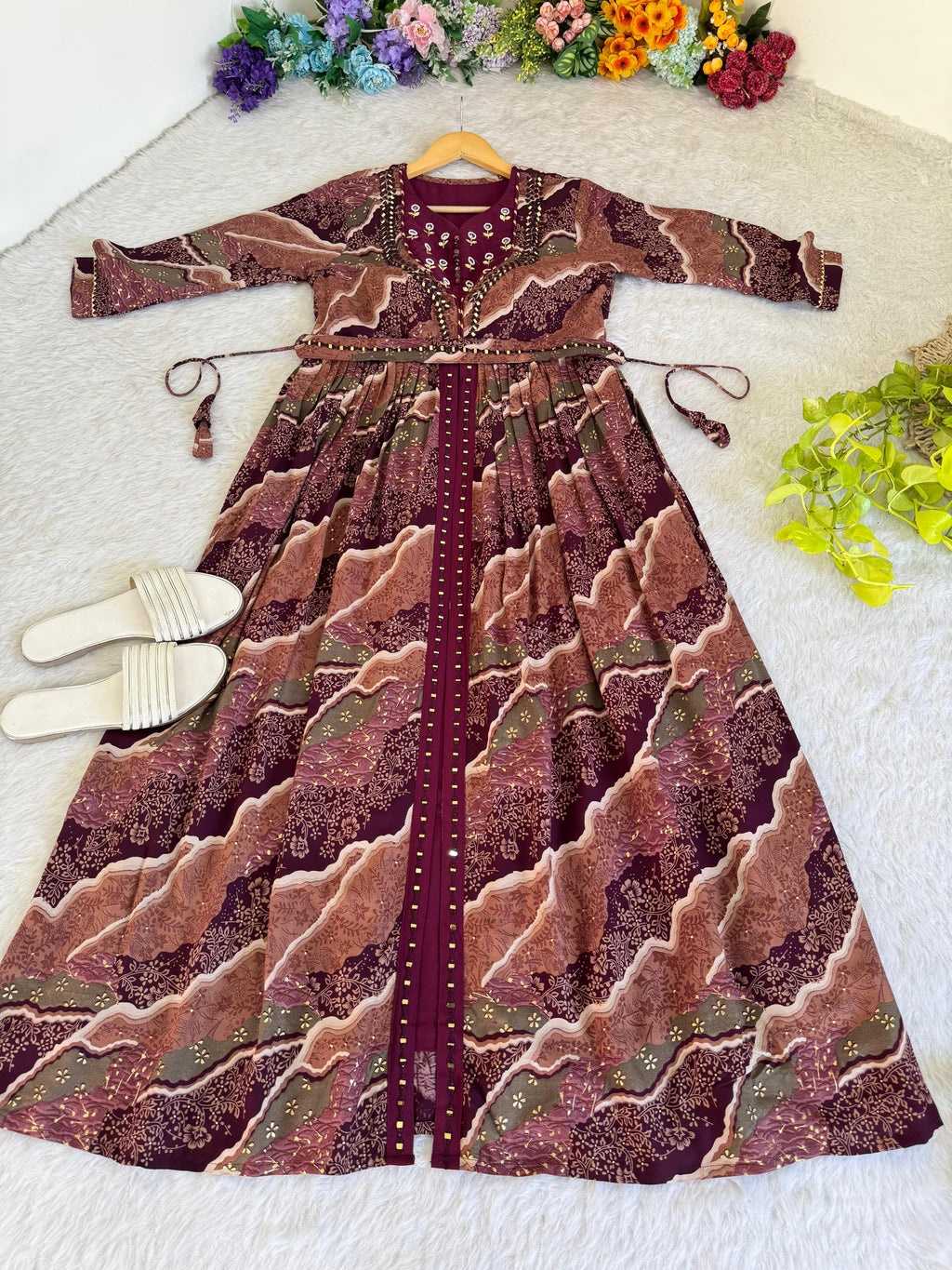 Ravishing Wine Rayon Foil Worked Hand Embroidered Gown - Ethnicwish
