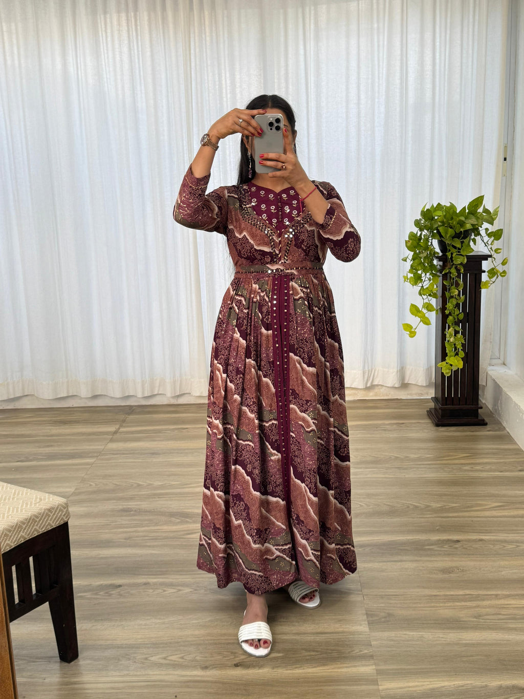 Ravishing Wine Rayon Foil Worked Hand Embroidered Gown - Ethnicwish