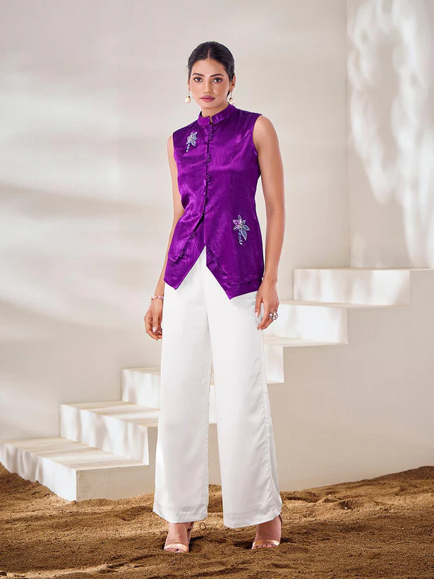 Exclusive Purple Gaji Silk Handcrafted Designer Co-Ord Set - Ethnicwish