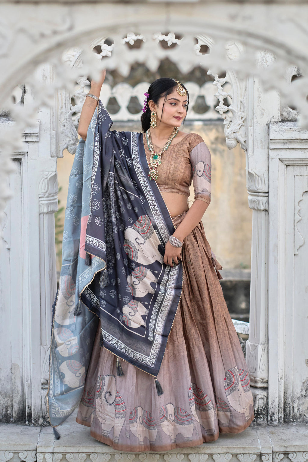 Graceful Brown Pure Manipuri Silk Printed Lehenga Choli Set - Ethnicwish