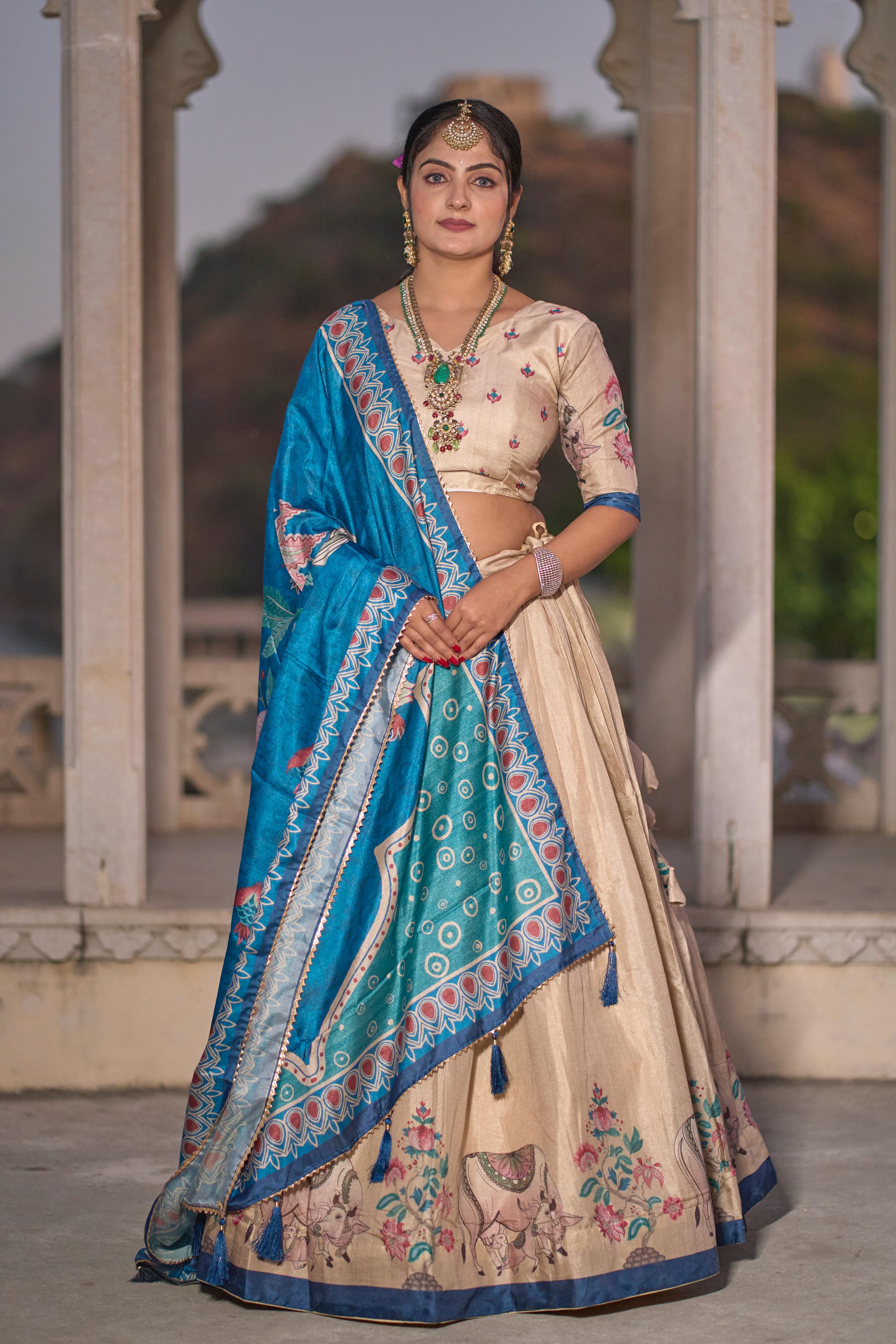 Gorgeous Cream Pure Manipuri Silk Printed Lehenga Choli - Ethnicwish