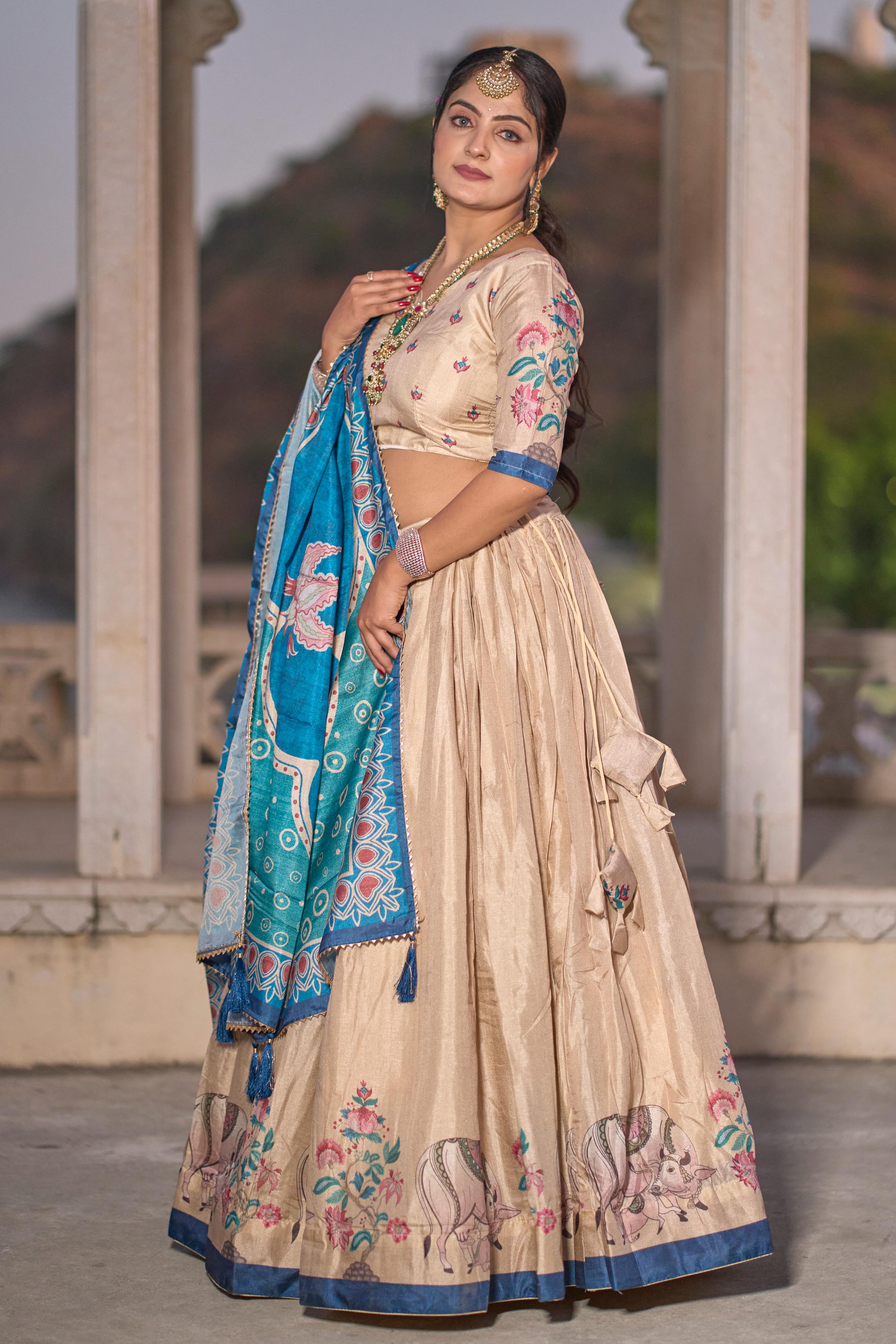 Gorgeous Cream Pure Manipuri Silk Printed Lehenga Choli - Ethnicwish