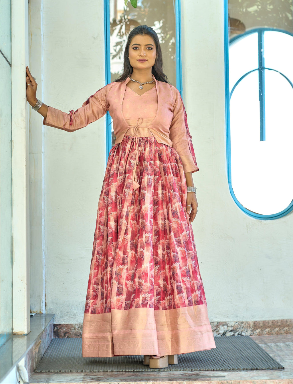 Lovely Soft Silk Printed Zari Border Worked Gown With Koti - Ethnicwish