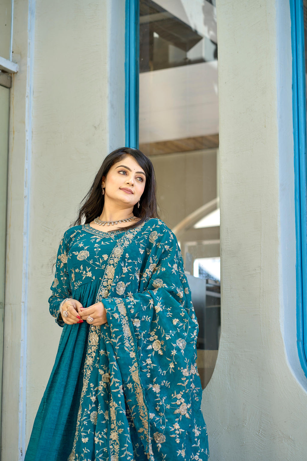 Exquisite Rama Colored Pure Crunchy Embroidered Gown With Dupatta - Ethnicwish