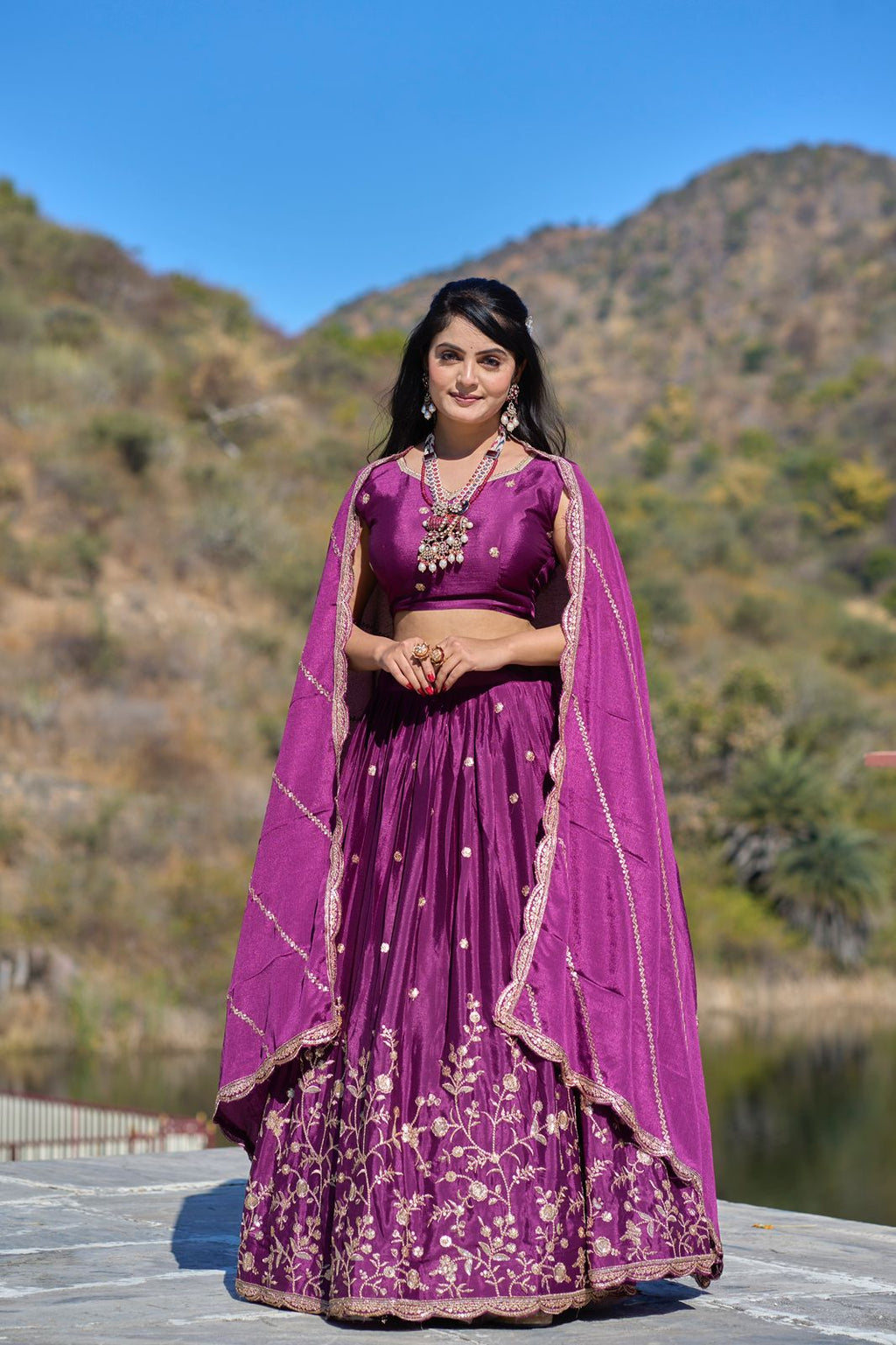 Elegant Chinon Thread Zari Embroidered Lehenga Choli Set - Ethnicwish