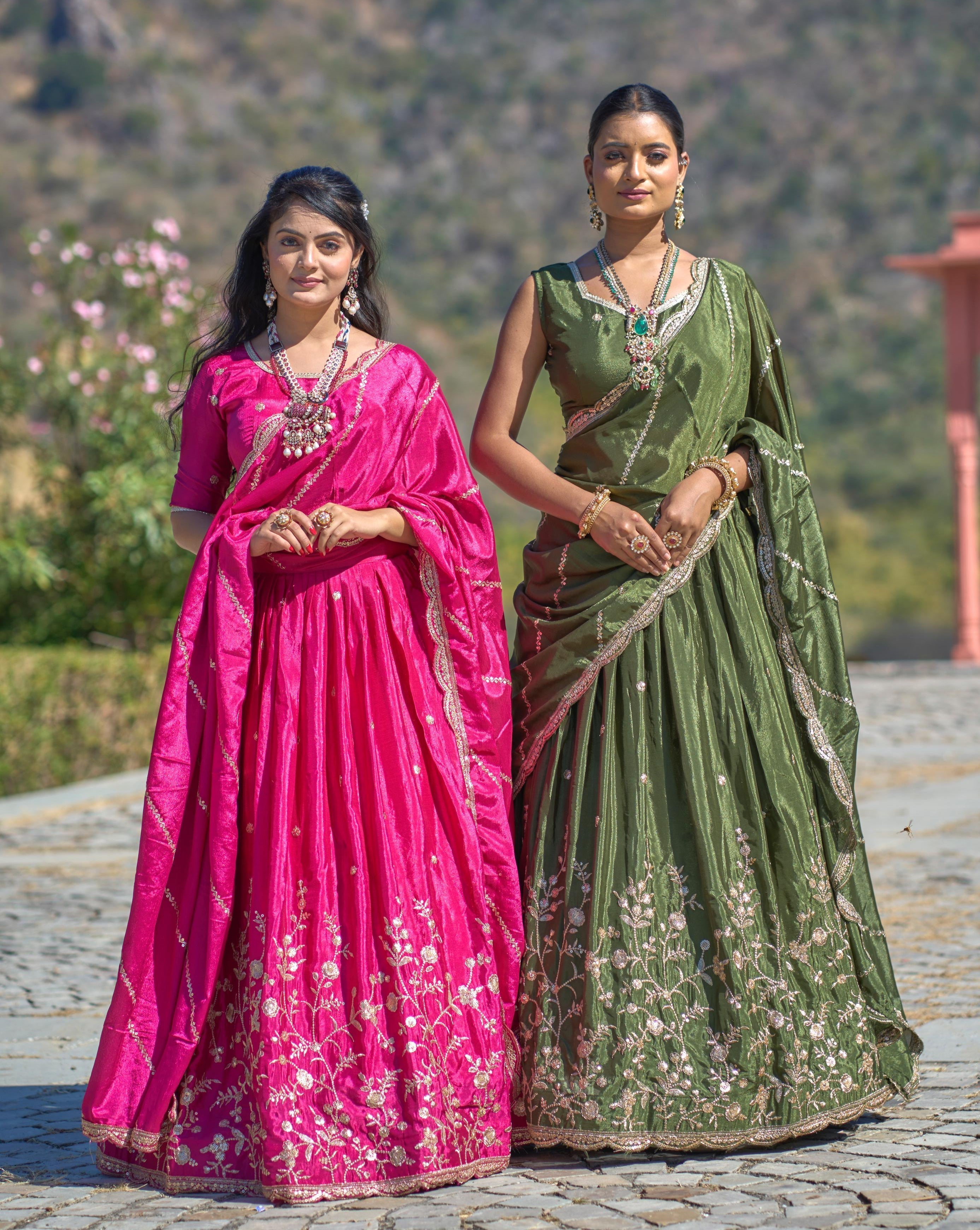 Elegant Chinon Thread Zari Embroidered Lehenga Choli Set - Ethnicwish