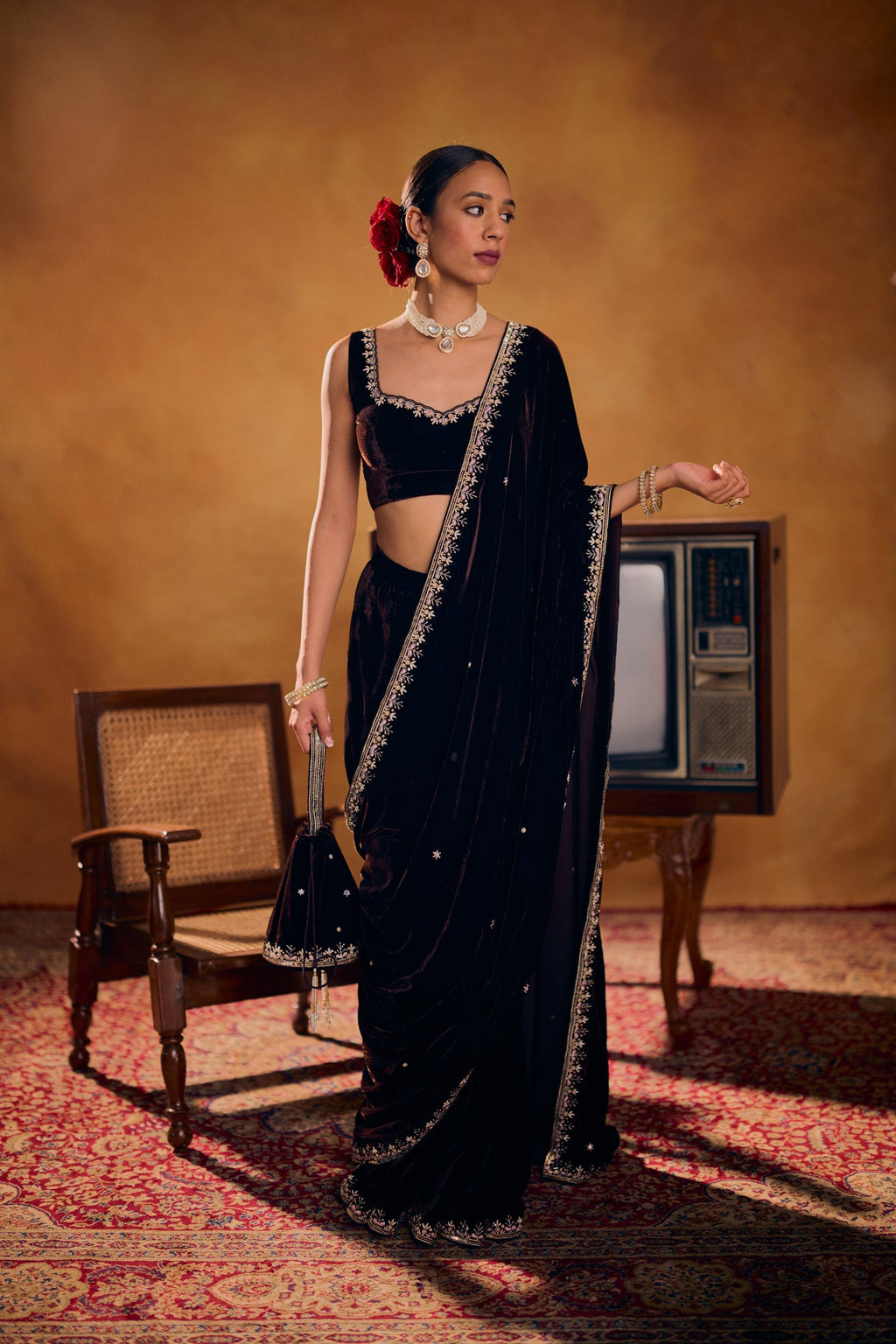 Nusrat Luxury Soft Velvet Saree Set with Zari & Embroidery Work
