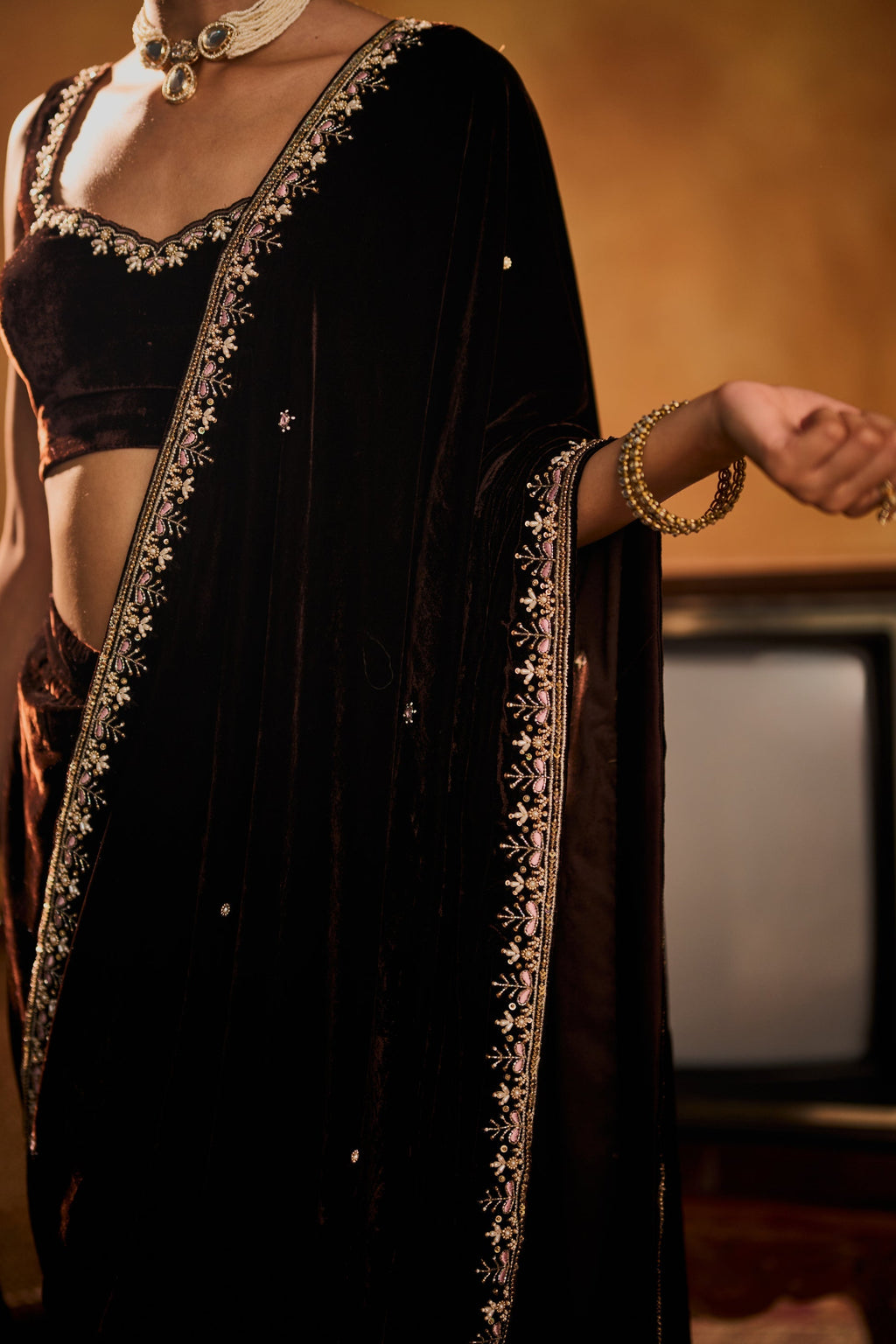 Nusrat Luxury Soft Velvet Saree Set with Zari & Embroidery Work