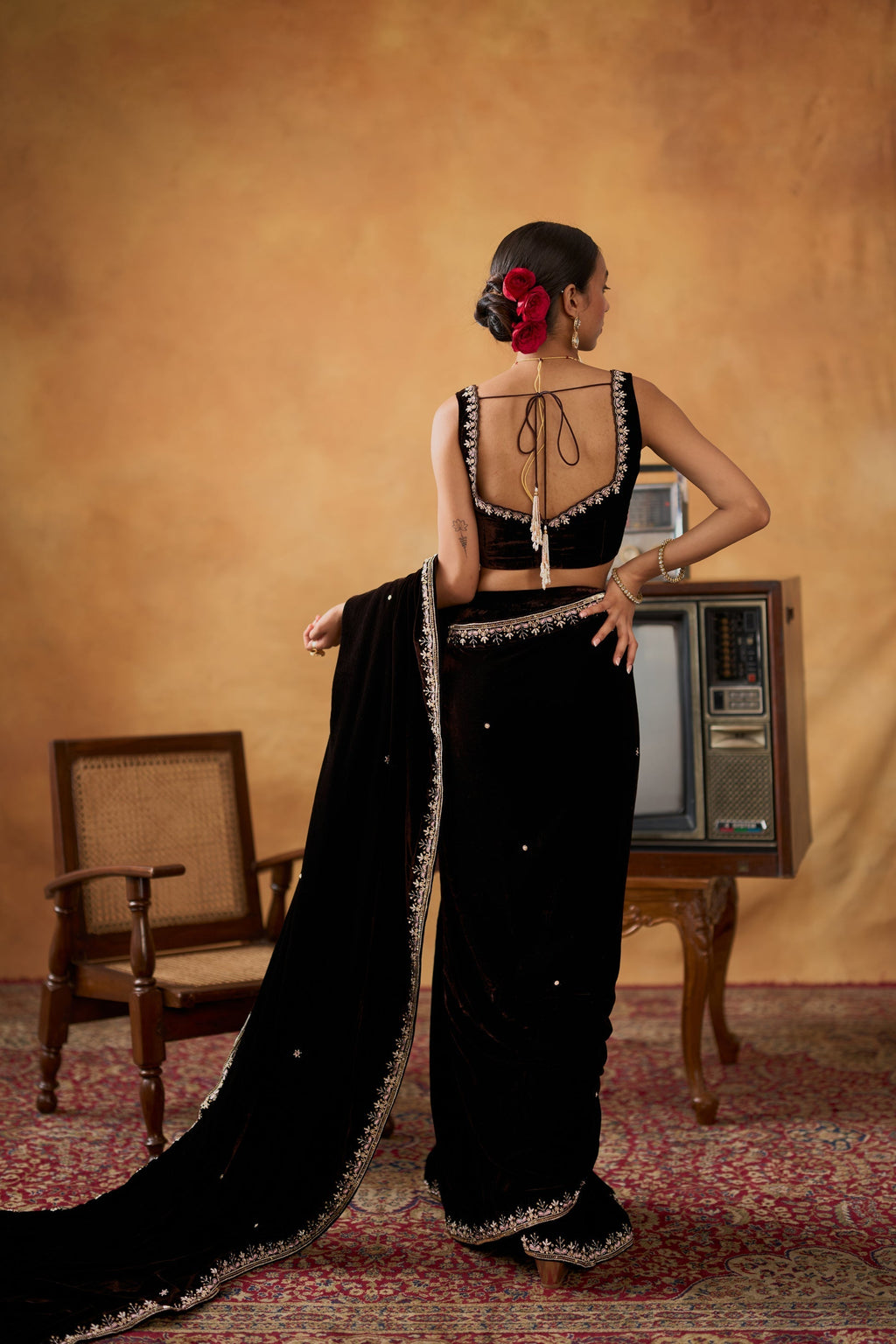 Nusrat Luxury Soft Velvet Saree Set with Zari & Embroidery Work