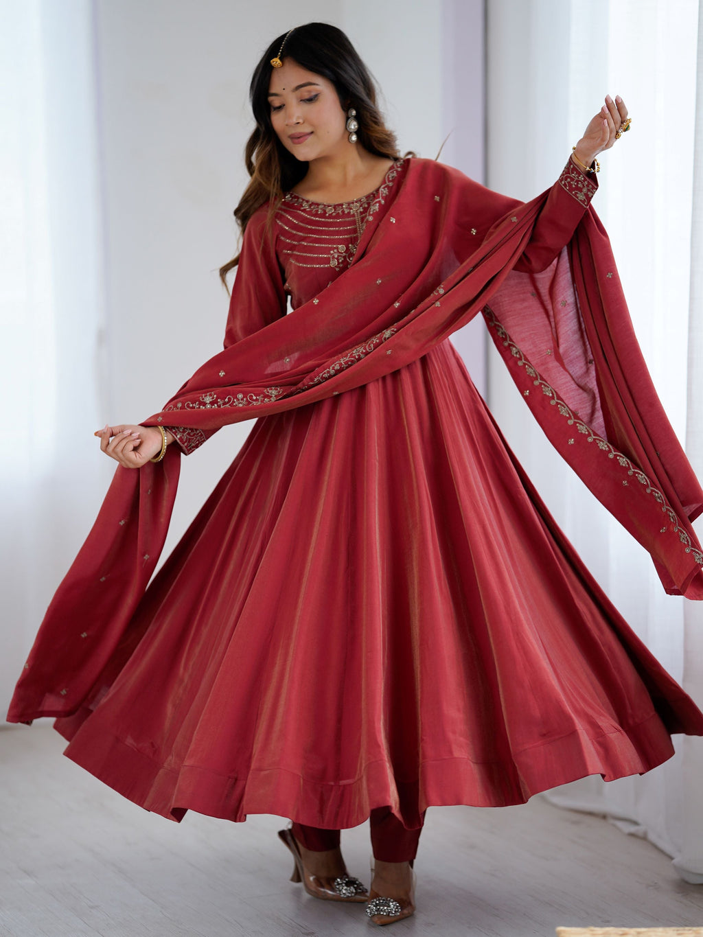 Timeless Maroon Chanderi Silk Embroidered Party Wear Anarkali Suit