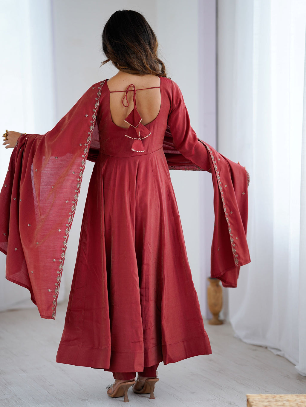 Timeless Maroon Chanderi Silk Embroidered Party Wear Anarkali Suit