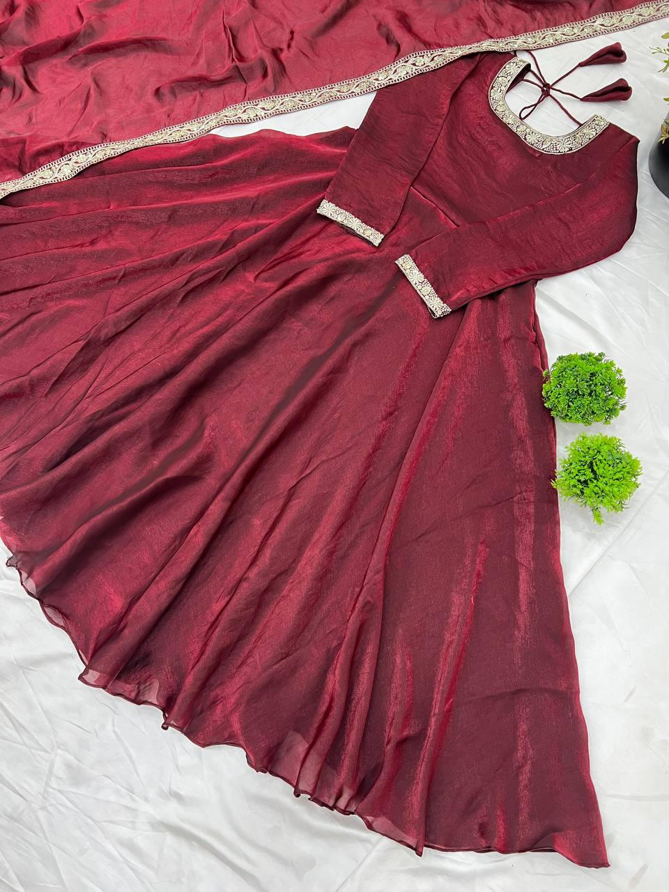 Gorgeous Fendi Silk Sequins Embroidered Fully Stitched Anarkali With Dupatta - ETHNICDEAL