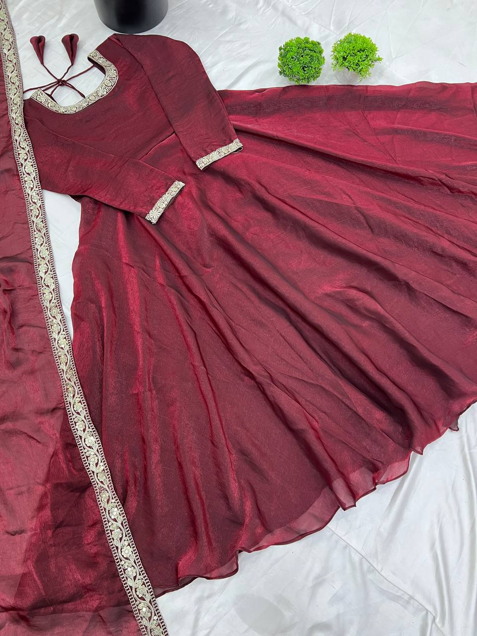 Gorgeous Fendi Silk Sequins Embroidered Fully Stitched Anarkali With Dupatta - ETHNICDEAL