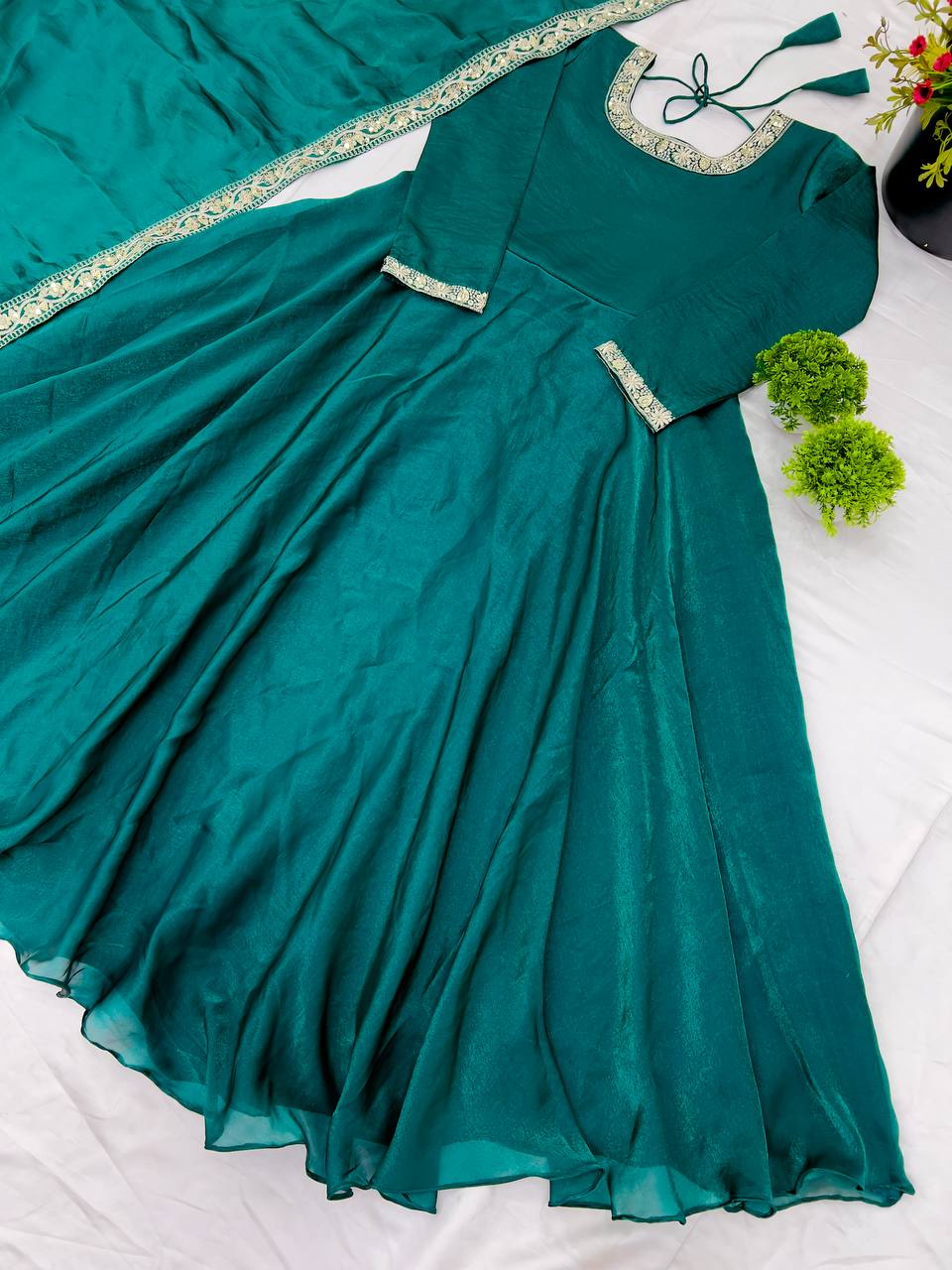 Gorgeous Fendi Silk Sequins Embroidered Fully Stitched Anarkali With Dupatta - ETHNICDEAL