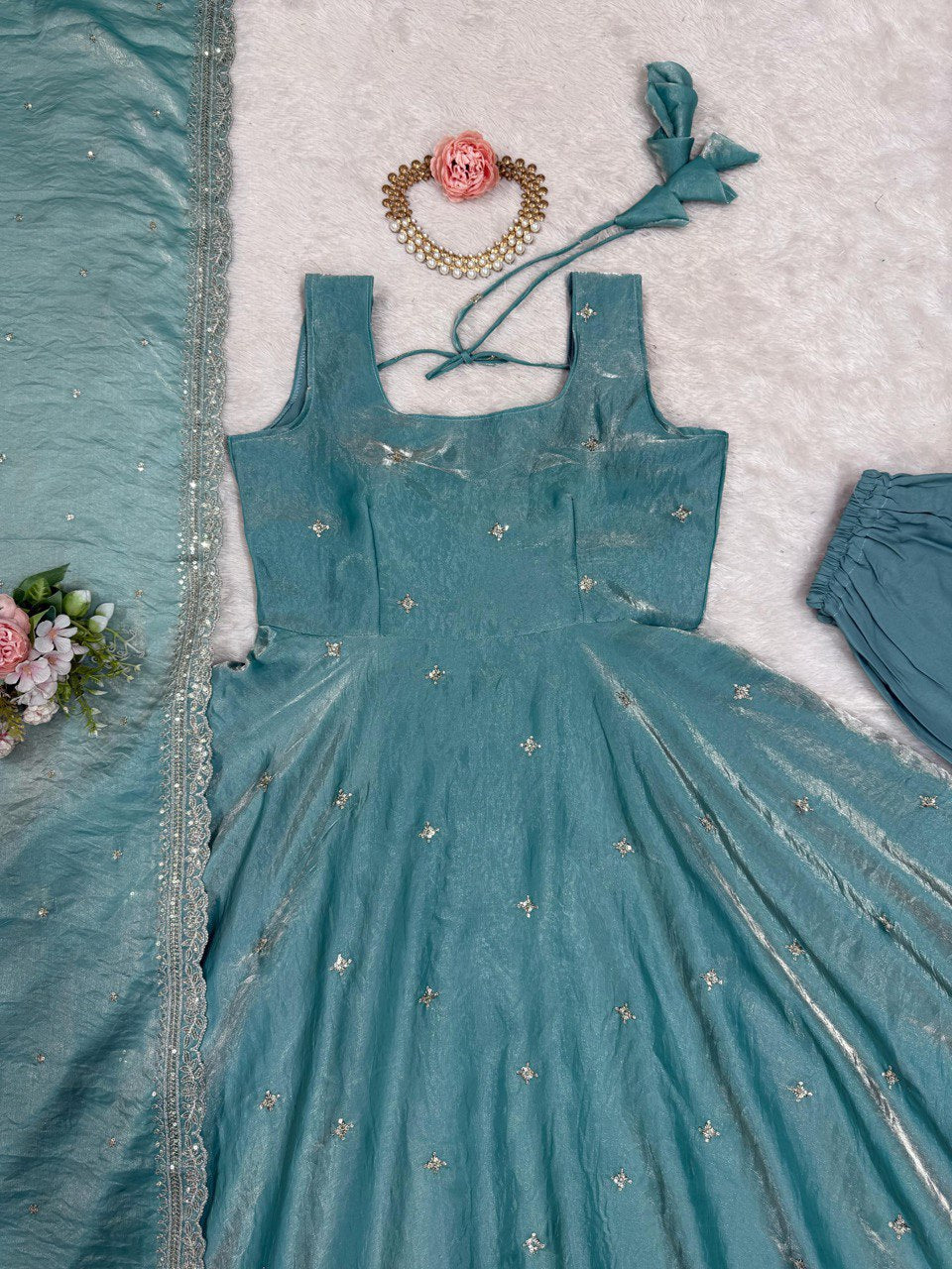 Stylish Cyan Fendy Silk Thread Sequins Worked Anarkali Pant Suit - ETHNICDEAL