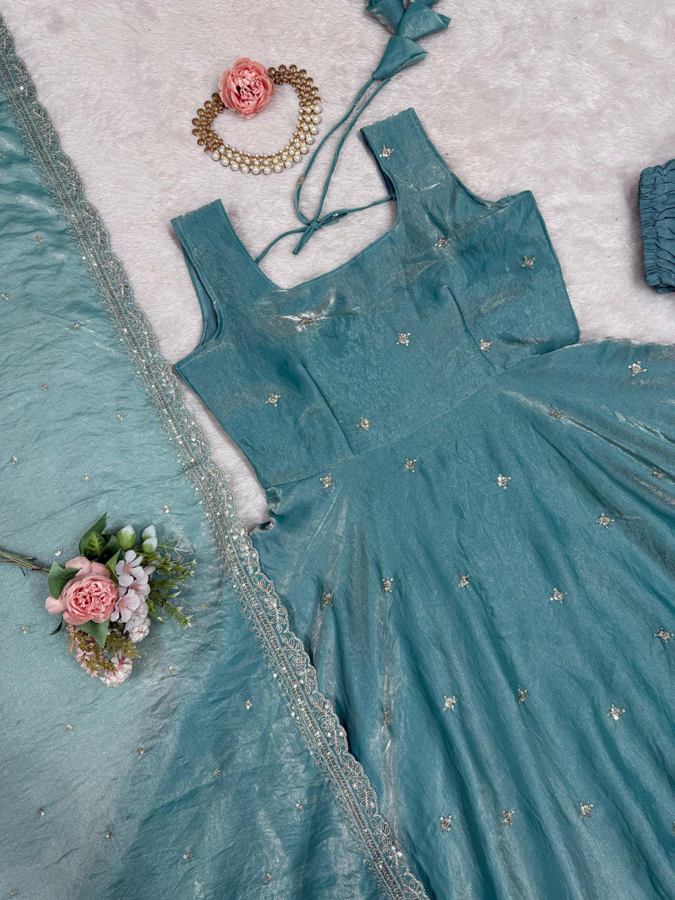 Stylish Cyan Fendy Silk Thread Sequins Worked Anarkali Pant Suit - ETHNICDEAL