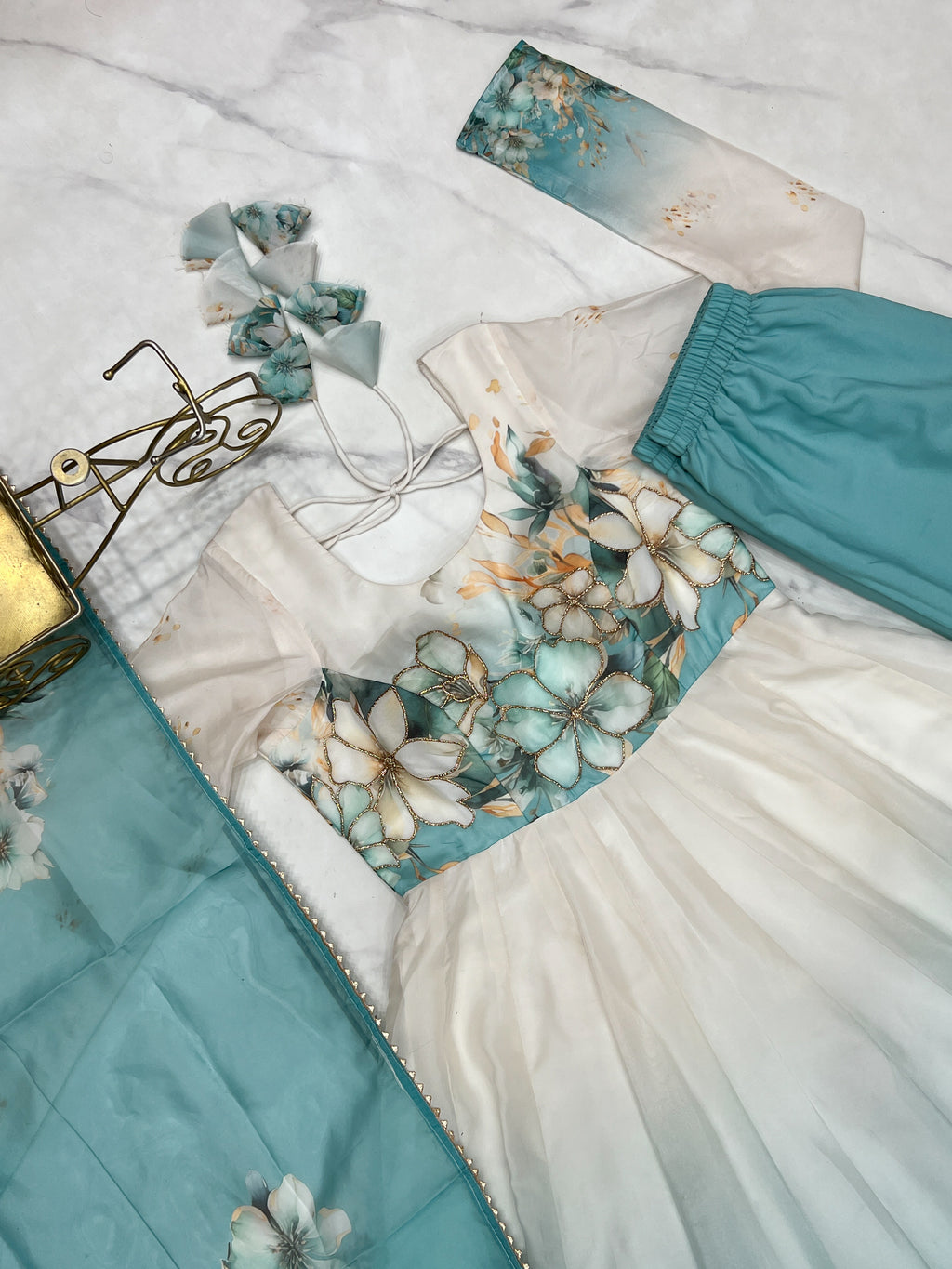 Aqua Blue Organza Anarkali Suit with Floral Print & Dupatta - ETHNICDEAL