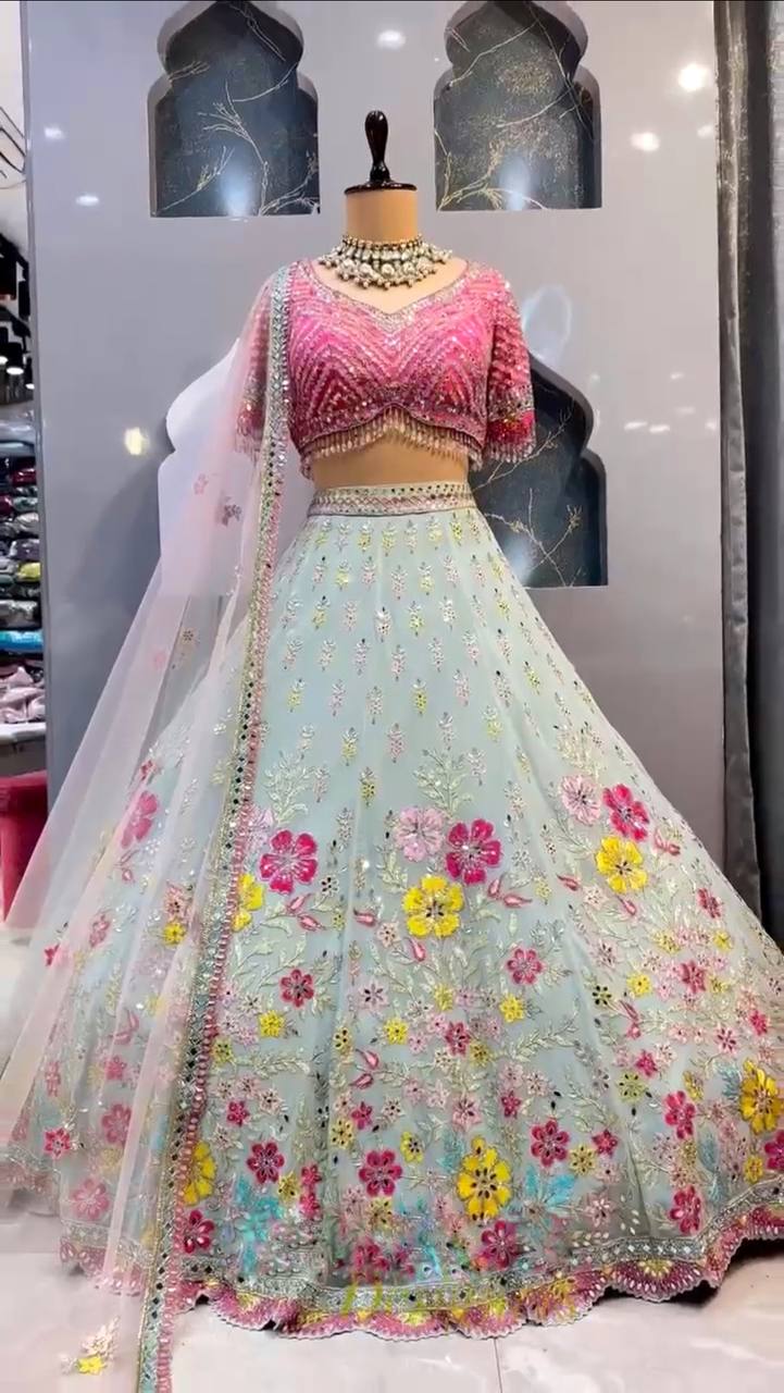 Classic Real Mirror Work Lehenga Choli with Pink Embroidered Blouse & Butterfly Net Dupatta