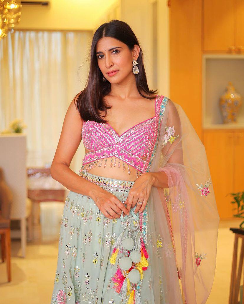 Classic Real Mirror Work Lehenga Choli with Pink Embroidered Blouse & Butterfly Net Dupatta